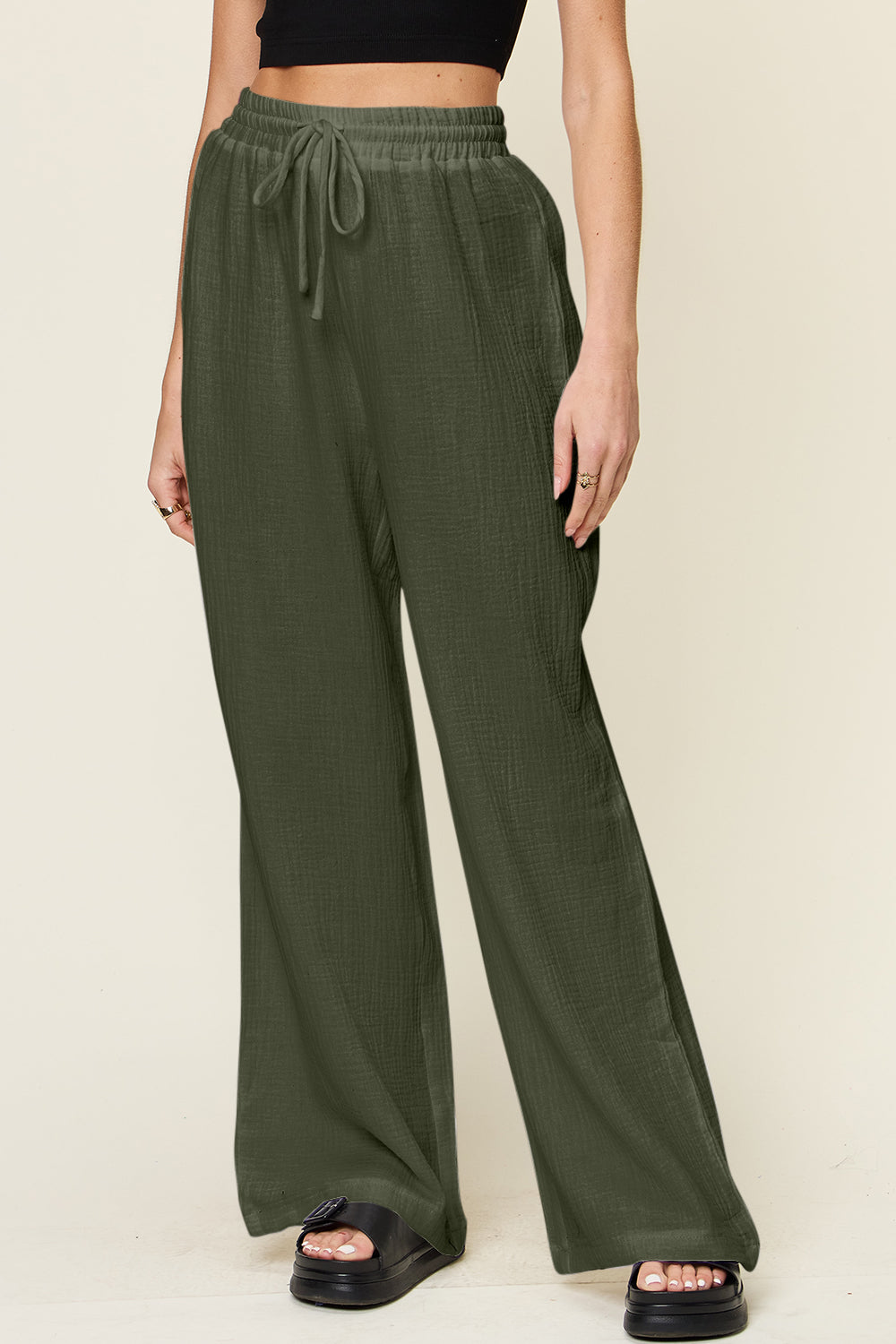 Full Size Textured Drawstring Wide Leg Pants for Women - Comfortable Lounge Pants for Yoga, Travel & Casual Wear