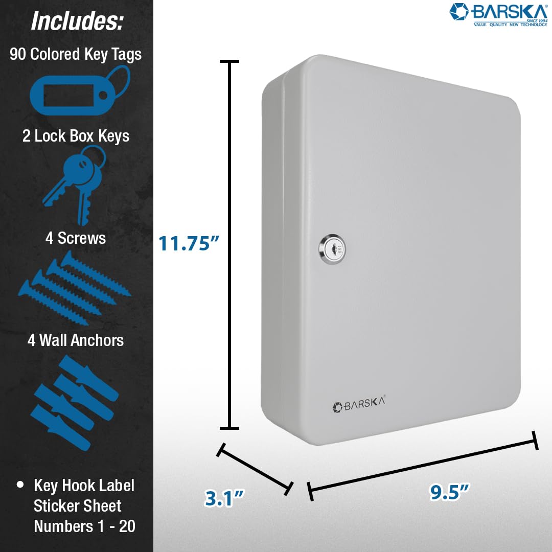 Barska CB13234 90-Position Key Lock Cabinet - Secure Key Storage Box with Durable Grey Finish (9.5