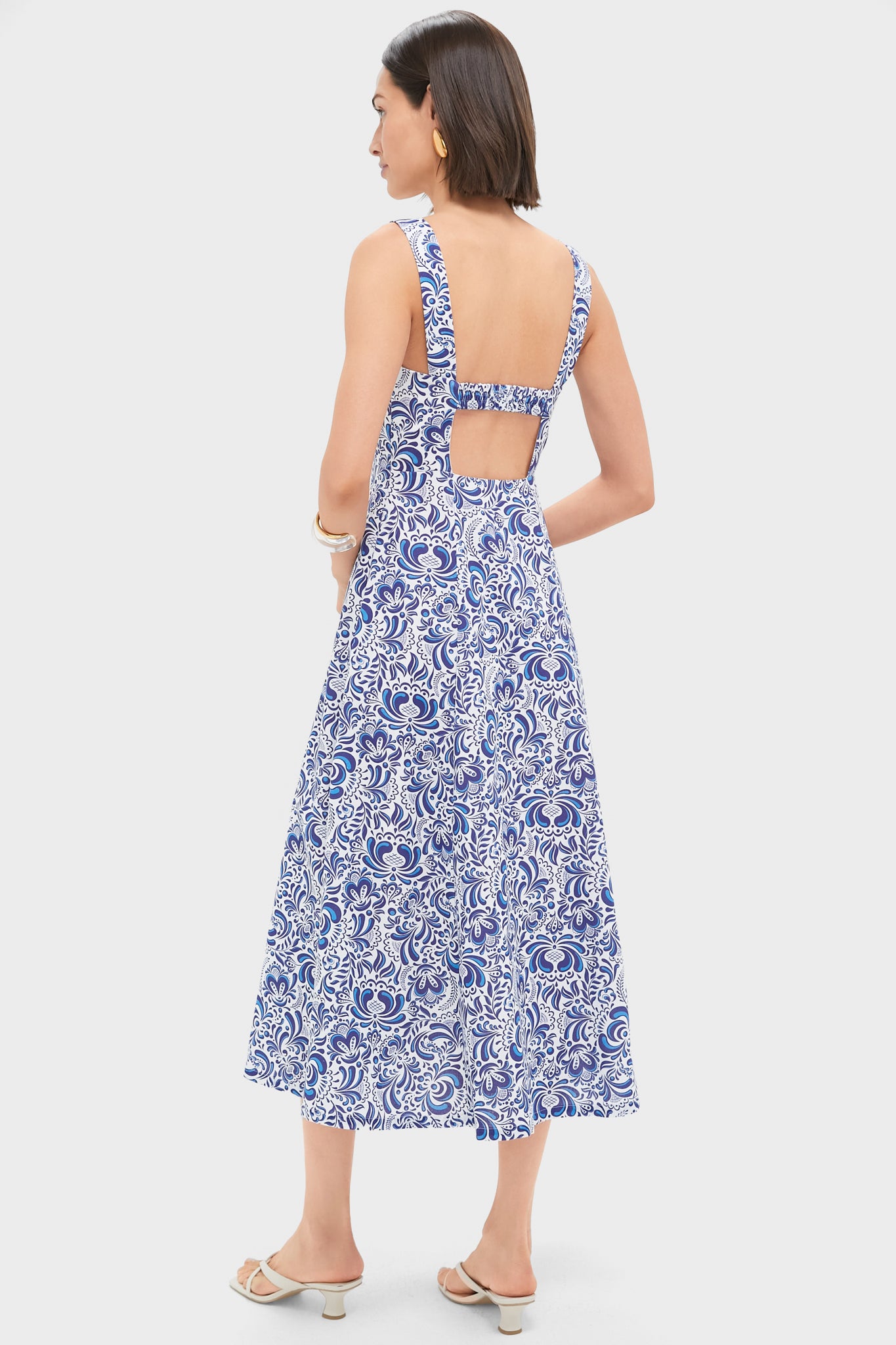 Blue Linen Floral Open Back Lawson Bustier Maxi Dress for Women | Summer Beach Wedding Guest Dress | Boho Chic Midi Dress for Vacations & Date Nights