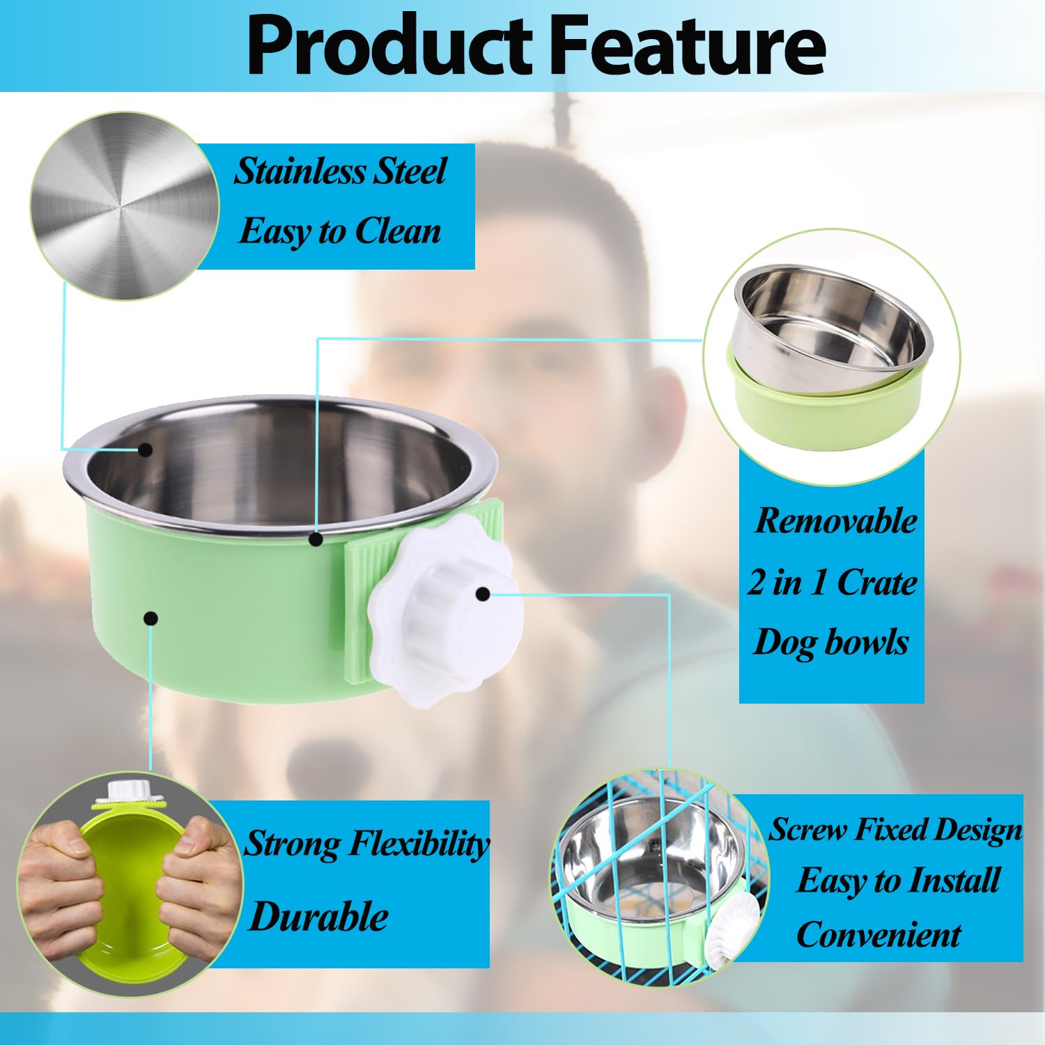 2 Pack Removable Stainless Steel Hanging Pet Bowl - Durable Dog Cat Food Water Feeder for Kennel, Cage, Coop - Perfect for Puppies, Medium Dogs, Rabbits, Ferrets & Birds (Blue & Green) - Ideal for Travel, Camping & Home Use