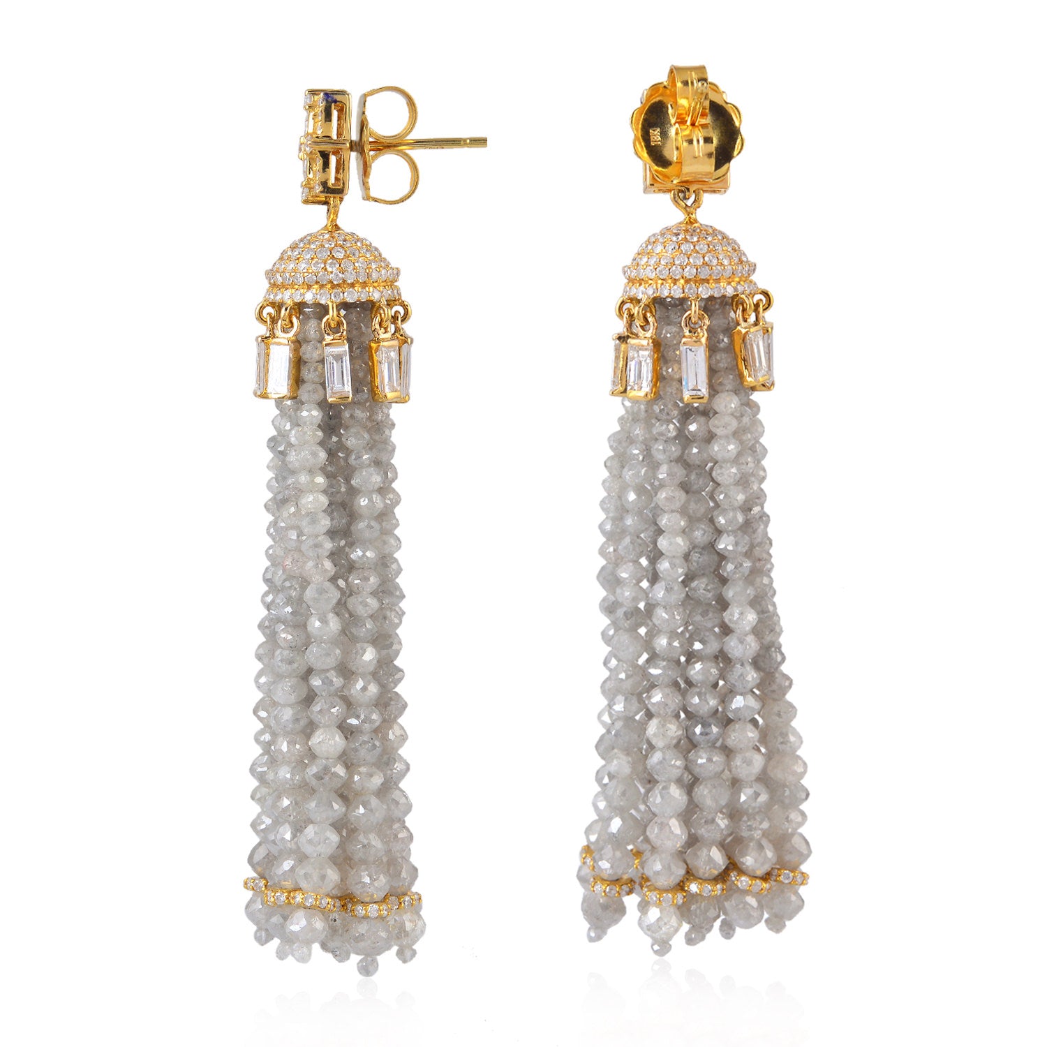 Faceted Beads Baguette Gray Ice Diamond Tassel Earrings - 14K Yellow Gold Dangle Earrings for Women | Perfect for Weddings, Parties & Special Occasions