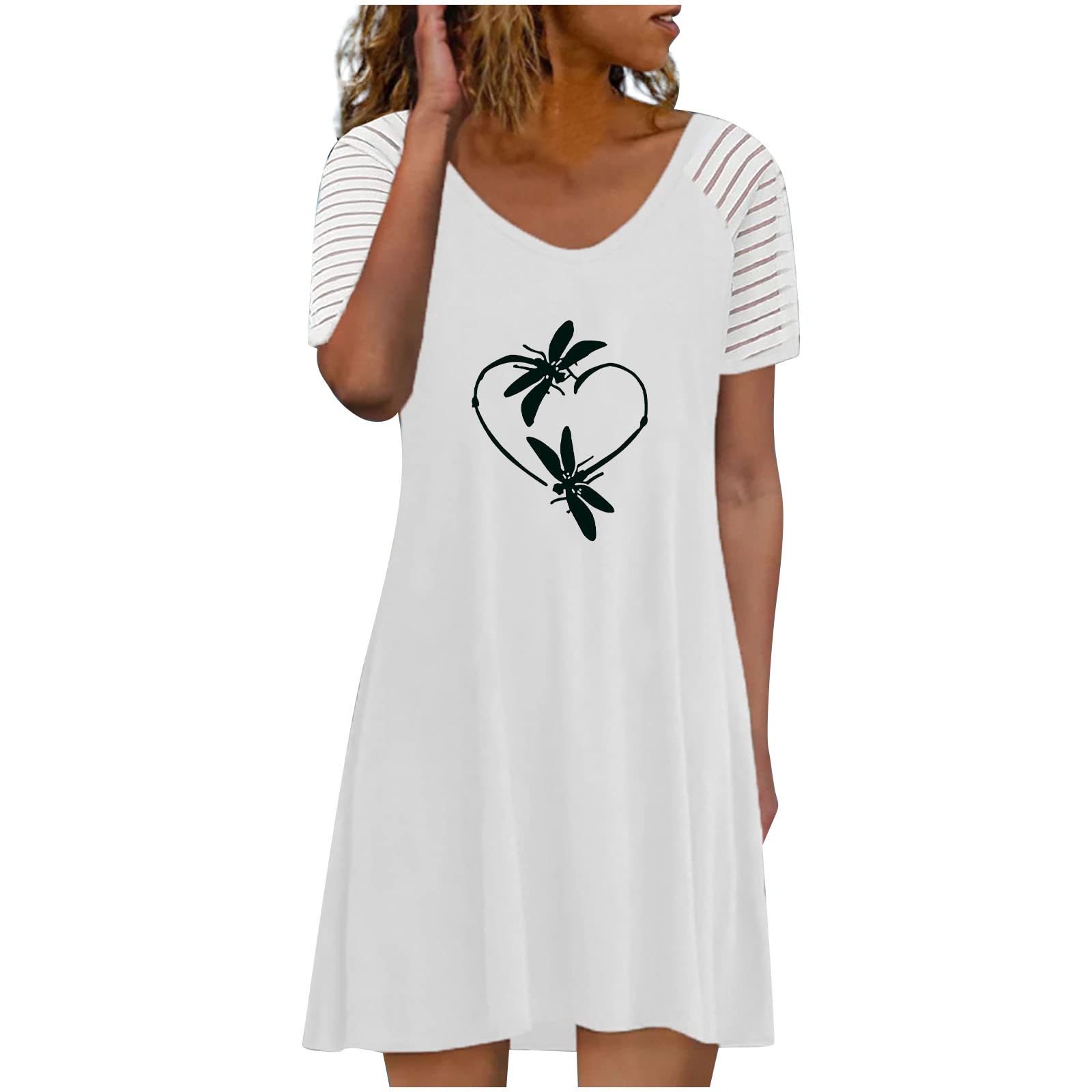 Miximx Women's Summer Short Sleeve V-Neck Printed Cutout Sleeve Dress - Flowy Beach Vacation Sundress for Casual Outings, Date Nights & Tropical Getaways