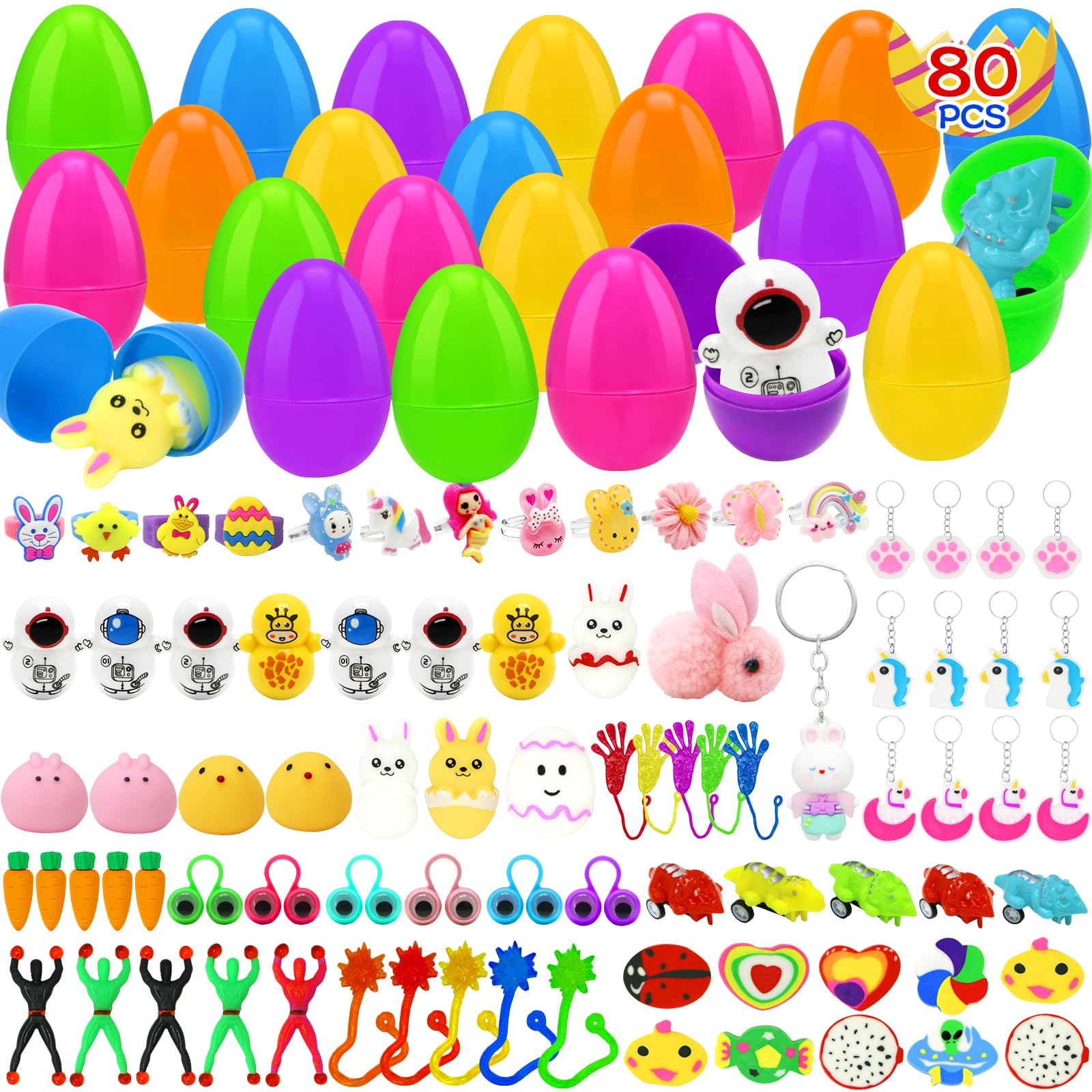 80 Pcs Colorful Prefilled Easter Eggs with Toys Inside - Easter Basket Stuffers & Egg Hunt Supplies for Kids - Perfect for Easter Party Favors, Classroom Activities, and Family Gatherings
