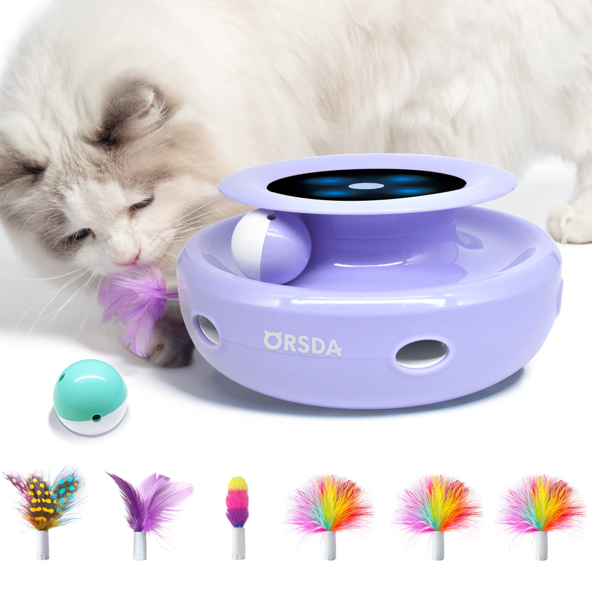 ORSDA 2-in-1 Interactive Cat Toys with 7 Attachments - Automatic Moving Ball & Feather Toy for Indoor Cats - Adjustable Speed, Dual Power (Battery/USB) - Great for Exercise & Playtime - Perfect Gift for Kitten & Adult Cats