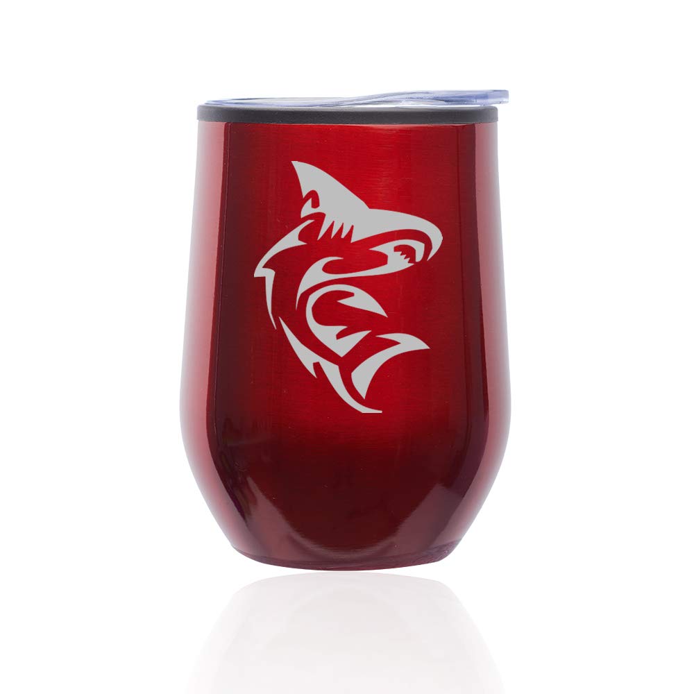 Stemless Wine Tumbler with Lid - 12oz Insulated Glass Coffee Mug for Travel, Shark Design (Red) - Perfect for Hot/Cold Drinks, Office, Picnics & Outdoor Activities