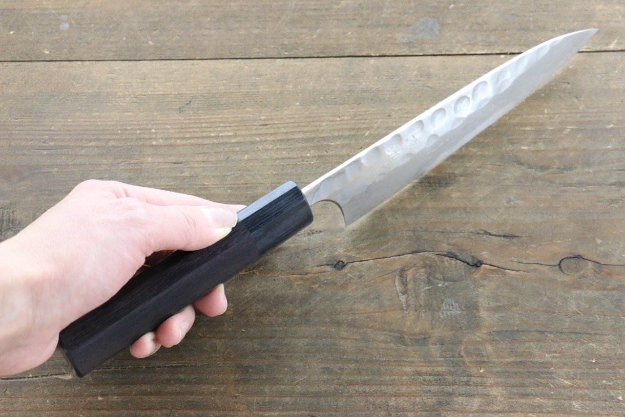 Premium Seisuke Blue Steel No.2 Hammered Damascus Petty Utility Knife 150mm with Shitan Handle - Perfect for Slicing, Peeling & Precision Kitchen Tasks