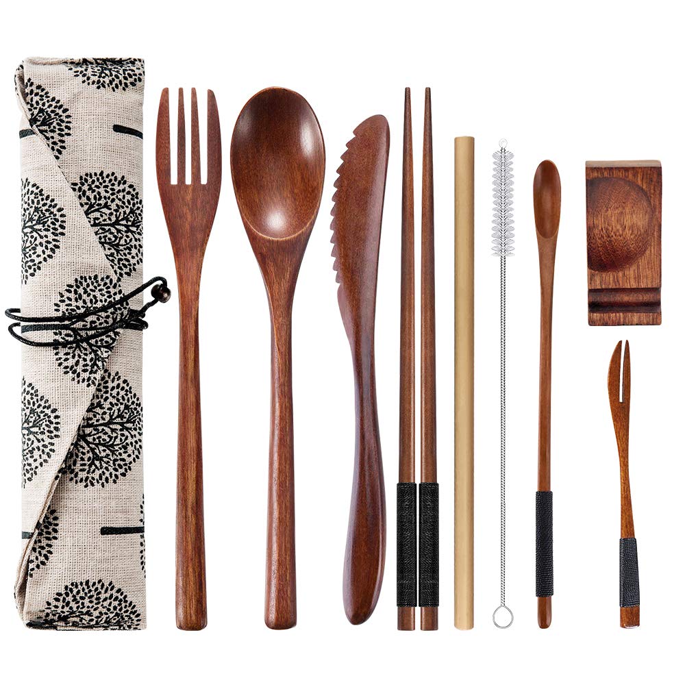 Japanese Wooden Travel Cutlery Set - 9pc Reusable Utensils with Case for Camping & Picnics