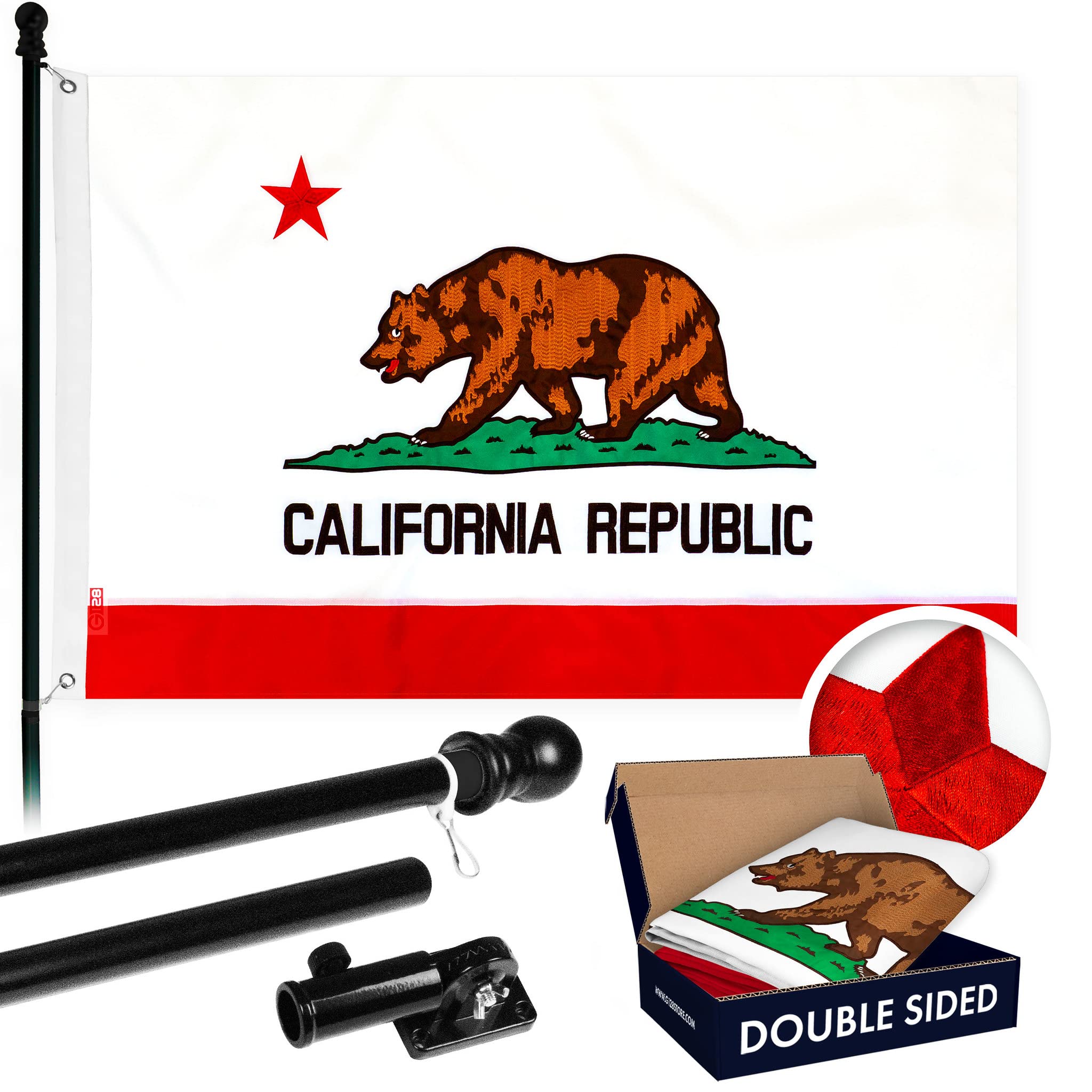 5FT Spinning Flagpole with 2x3FT Double-Sided California Flag - Heavy Duty Aluminum Pole, Brass Grommets & Embroidered Design (Black) - Perfect for Home, Garden, and Patriotic Displays