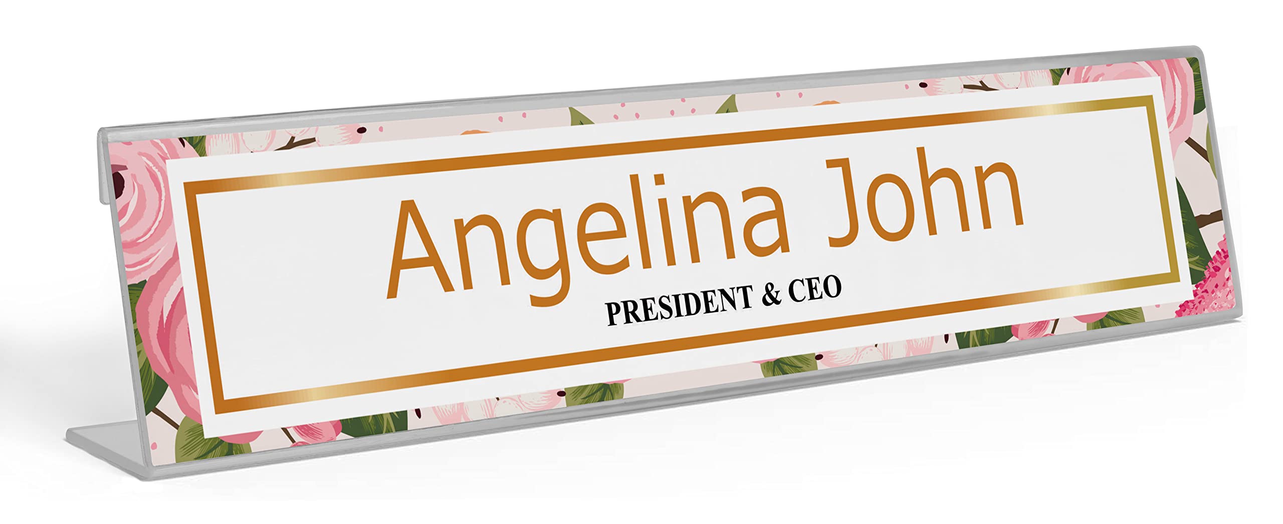 Personalized Acrylic Desk Name Plate - Custom Floral Office Name Sign (2x10 Inches) - Perfect for Workstations, Reception Desks & Home Offices