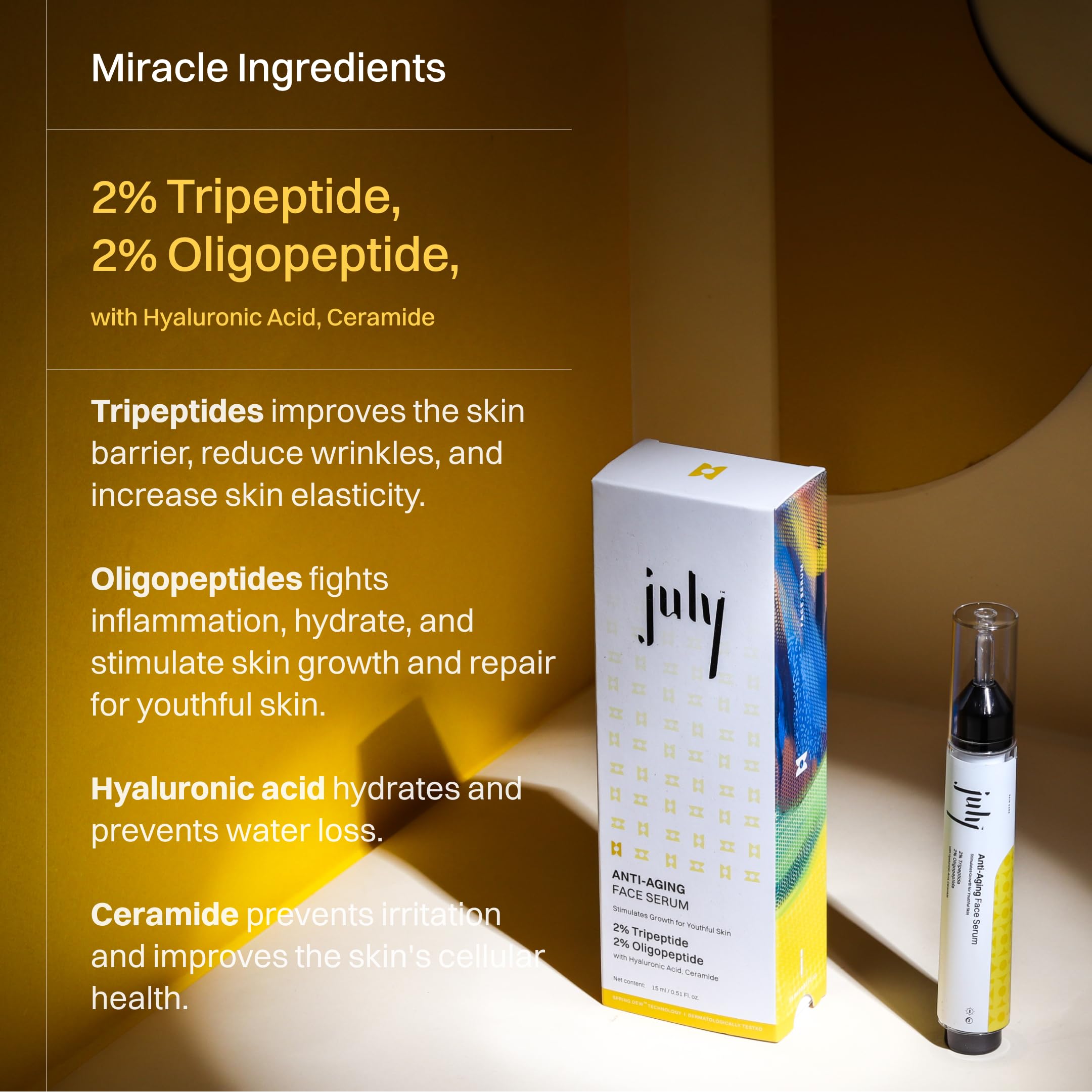July Anti-Aging Face Serum with 2% Tripeptide & 2% Oligopeptide - Hyaluronic Acid & Ceramide Formula for Wrinkle Reduction, Youthful Skin Hydration & Repair | SpringDew™ Technology | 15ml | Perfect for Night Routine & Daily Skincare Regimen