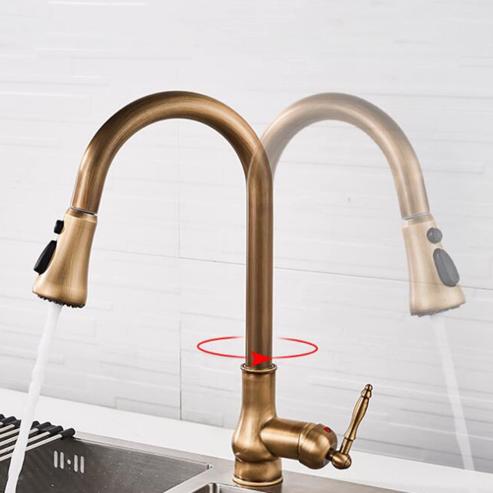 Antique Brass Pull-Out Spray Kitchen Sink Faucet - Hot & Cold Water Swivel Spout for Modern & Farmhouse Style Kitchens - Perfect for Washing Dishes, Filling Pots & Cleaning Vegetables