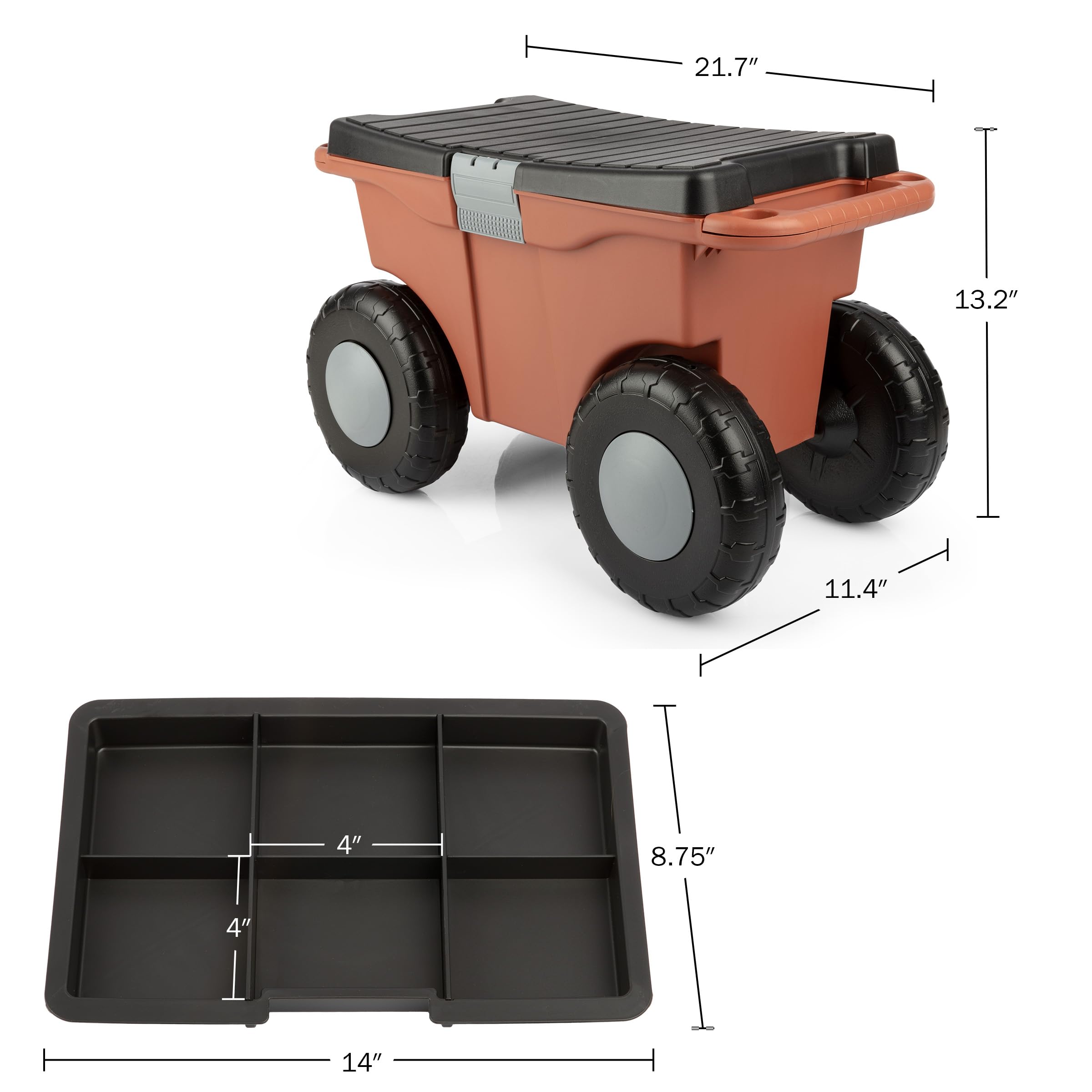 Pure Garden Rolling Garden Cart with Seat - Heavy Duty Plastic Storage Bench with Tool Tray - Gardening Stool for Weeding, Planting & Outdoor Work (Terracotta) - Perfect for Backyard, Patio & Greenhouse Use