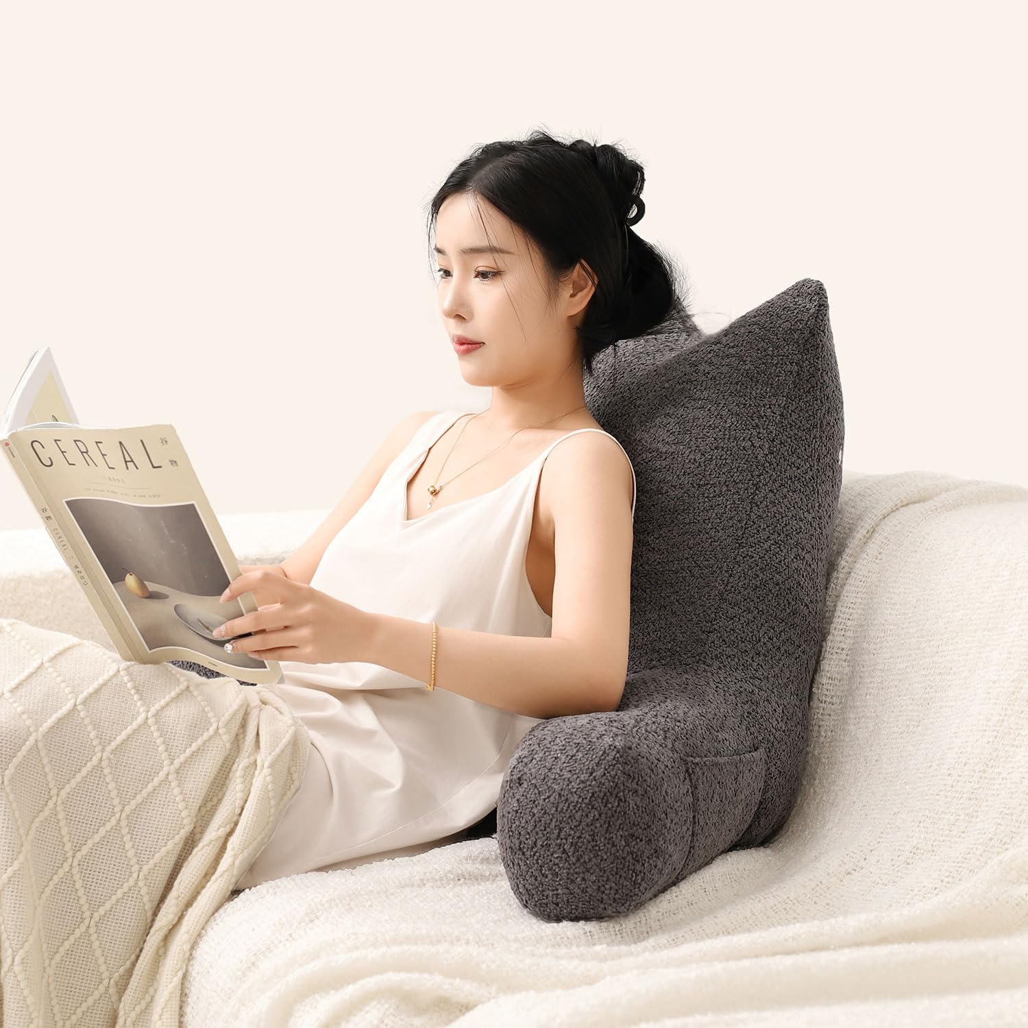 Large Cat Ear Reading Pillow with Arms - Back Support for Bed & Sofa