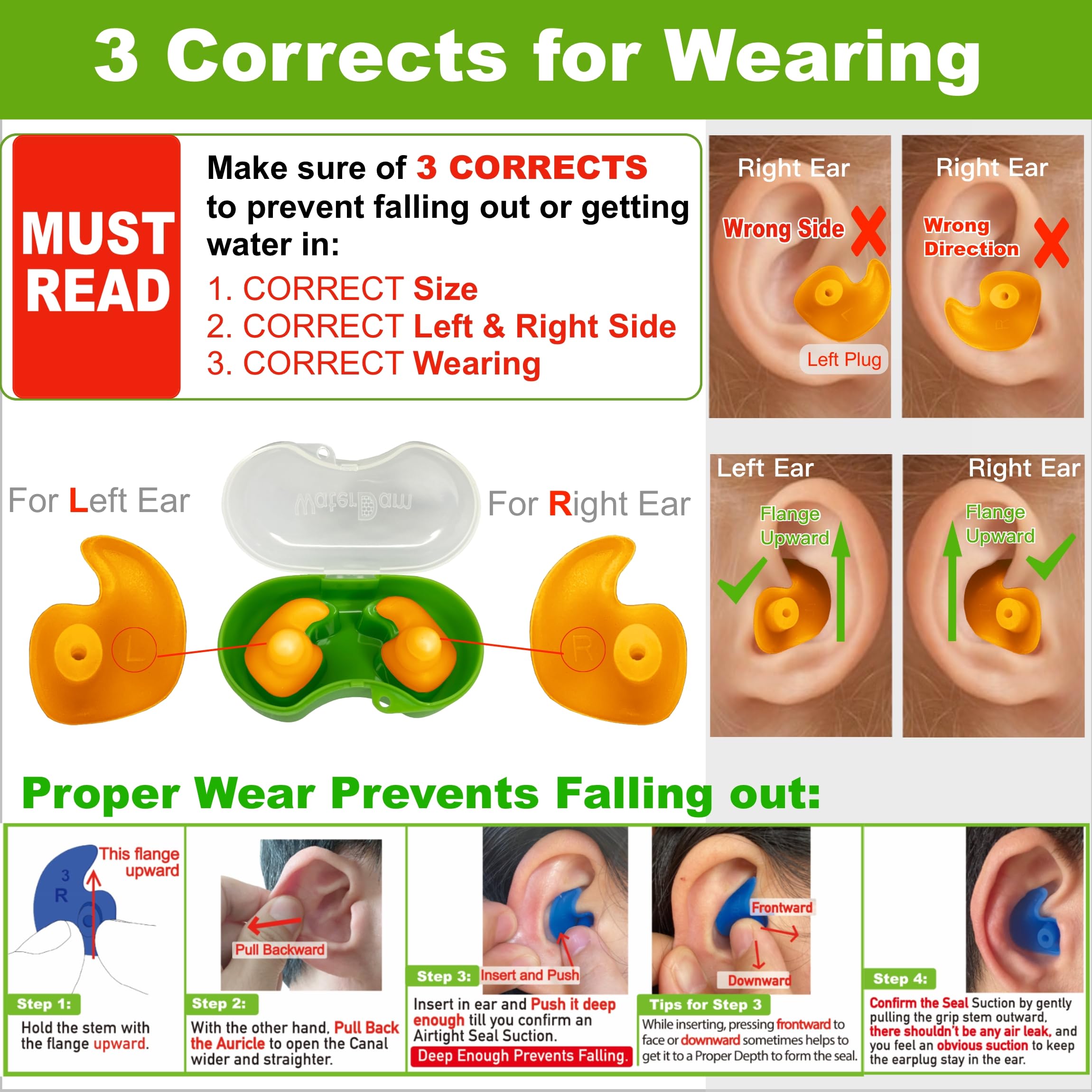 Waterproof Swimming Ear Plugs for Adults & Kids - Ultra Comfortable Silicone Earplugs to Prevent Swimmer's Ear - Perfect for Pool, Beach, Surfing & Water Sports