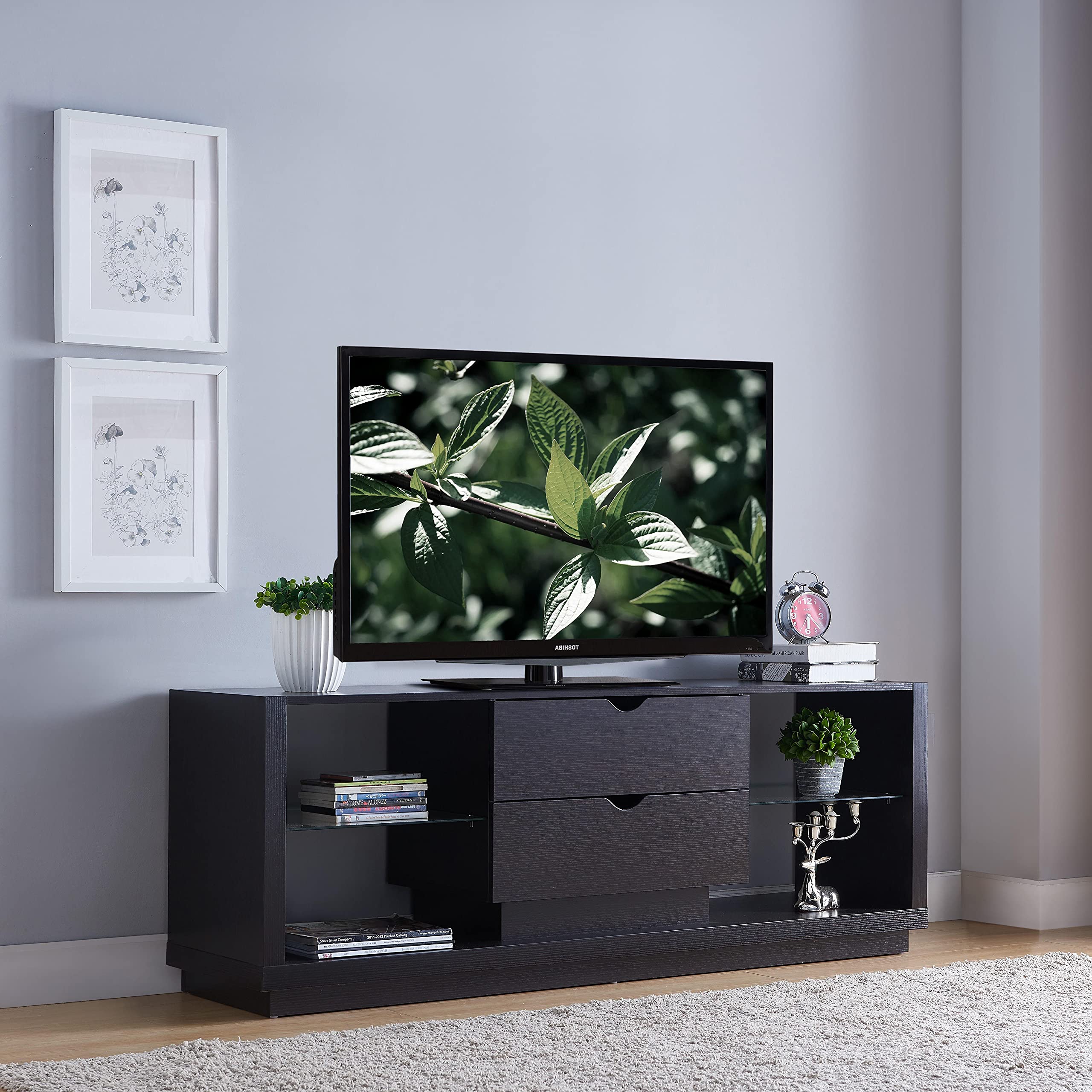 Red Cocoa TV Stand with 4 Shelves & 2 Drawers - Modern Entertainment Center for Living Room, Bedroom Storage & Display - Perfect for Organizing Electronics, Books & Decor