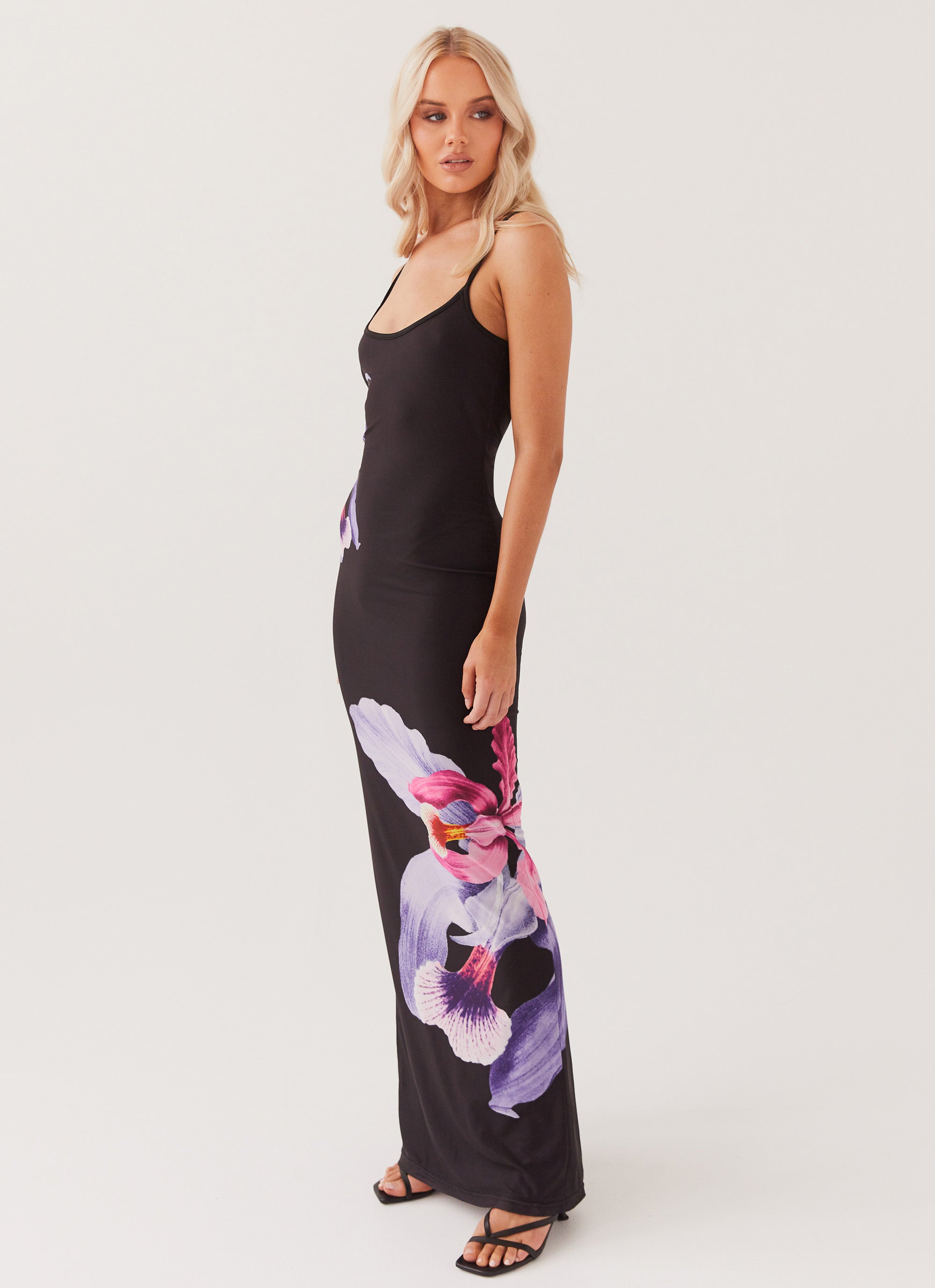 Bad News Mesh Maxi Dress - Black Tulip Floral Print Long Sleeve Gothic Lace Dress for Women | Perfect for Halloween, Parties, and Night Out