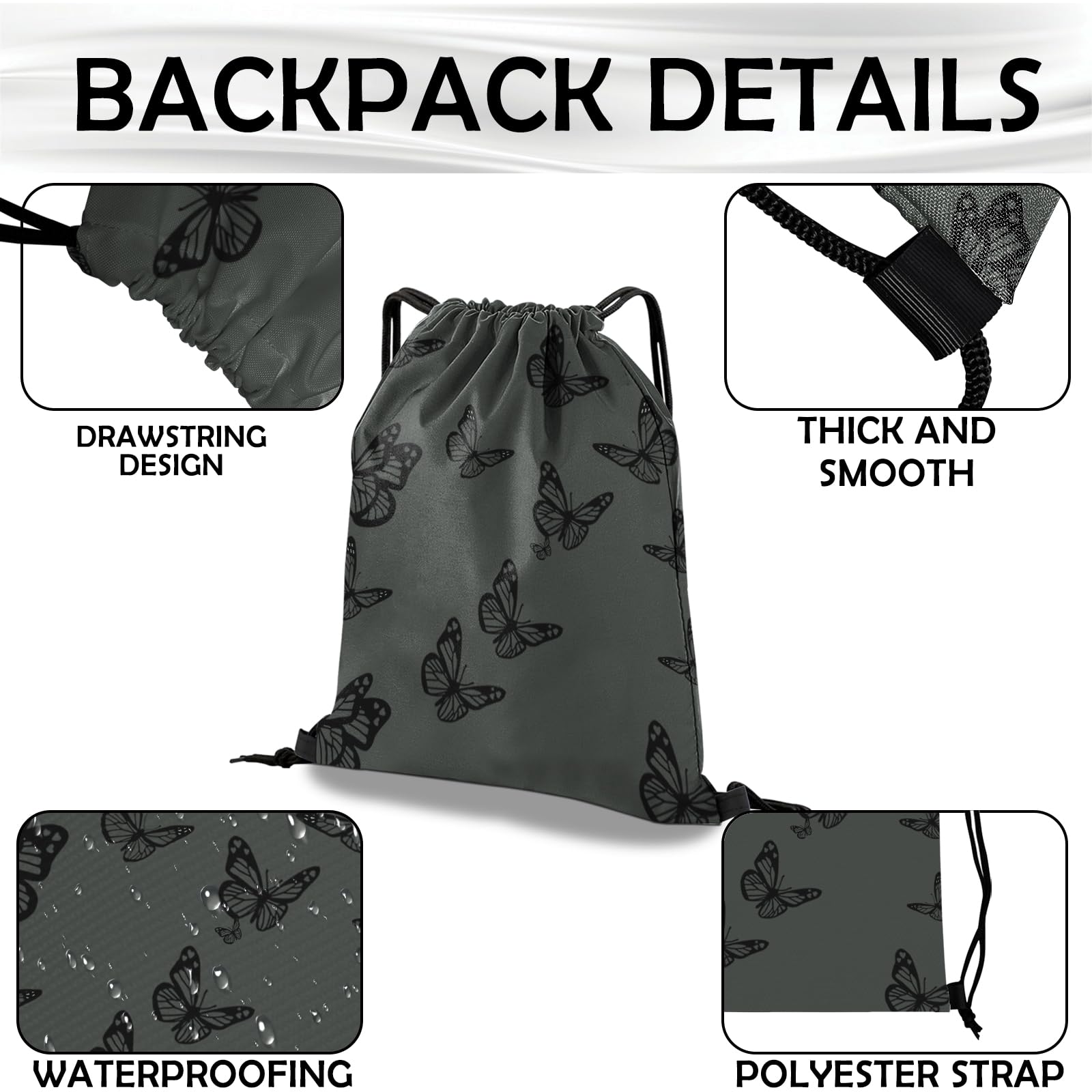 Waterproof Drawstring Backpack for Gym, Sports, Beach & Travel - Lightweight 13×17 Inch Cute Aesthetic Sackpack for Men & Women (Butterfly Design) - Perfect for Workouts, School, Hiking & Festival Use