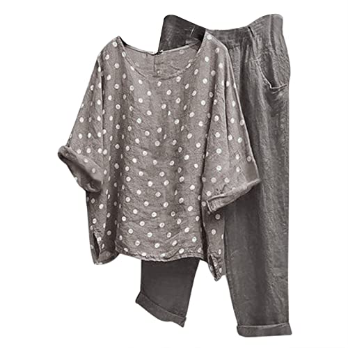 QACKNE Women's 2-Piece Linen Outfit Set - Casual Short Sleeve Top & Camo Capri Pants Matching Lounge Set for Summer | Plus Size Comfort Wear for Home, Travel & Relaxation