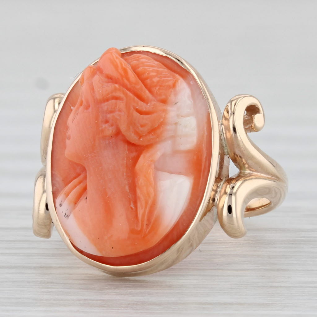 Antique Coral Cameo Ring - 10k Yellow Gold - Size 3.75 - Vintage Figural Jewelry - Perfect for Victorian-Themed Weddings & Historical Reenactments