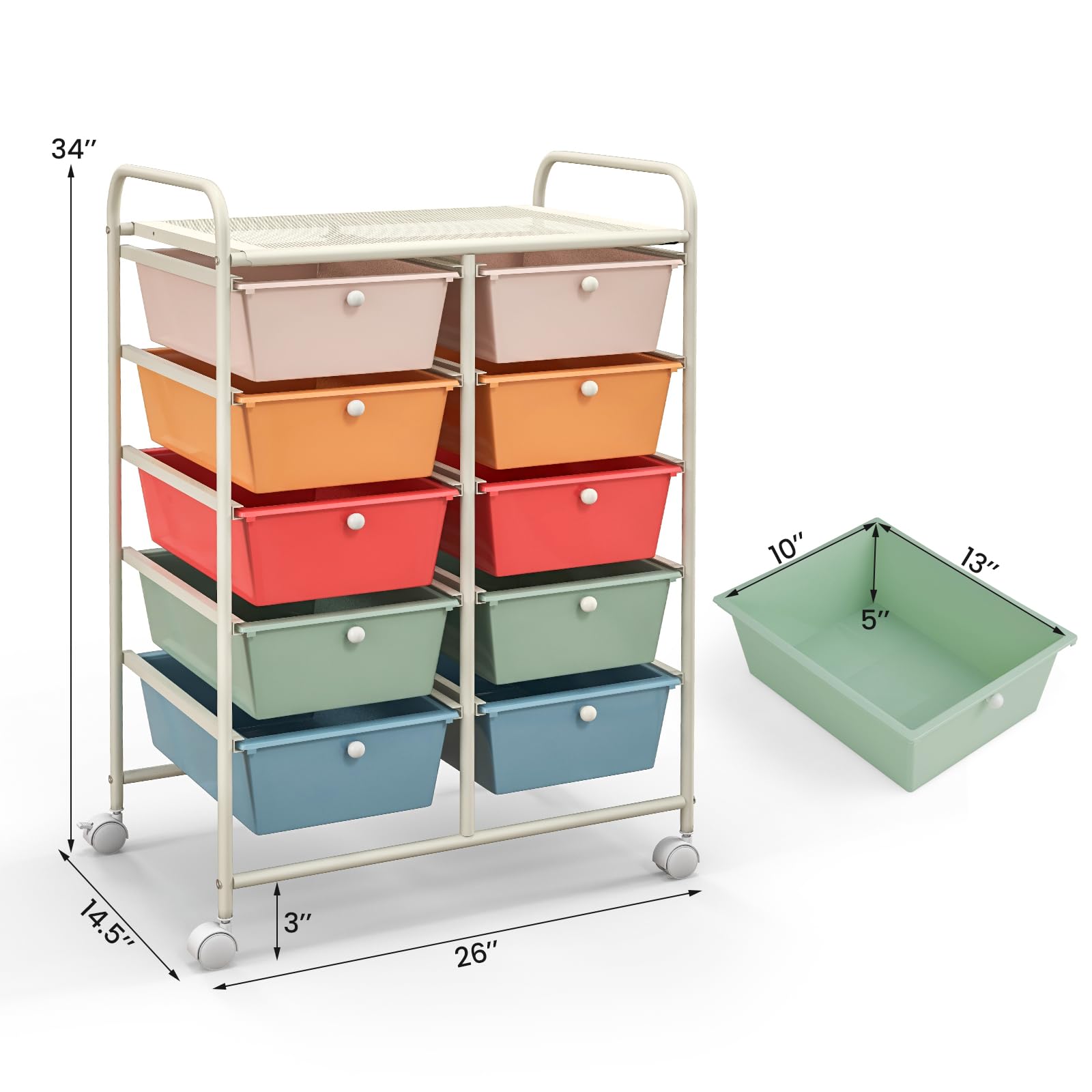 Giantex 10-Drawer Rolling Storage Cart with Wheels - Mobile Organizer for Classroom, Office, Home & School Supplies - Perfect for Teachers, Crafts, Art Paper & Tools - Multicolor - Ideal for Organizing Books, Stationery & DIY Projects