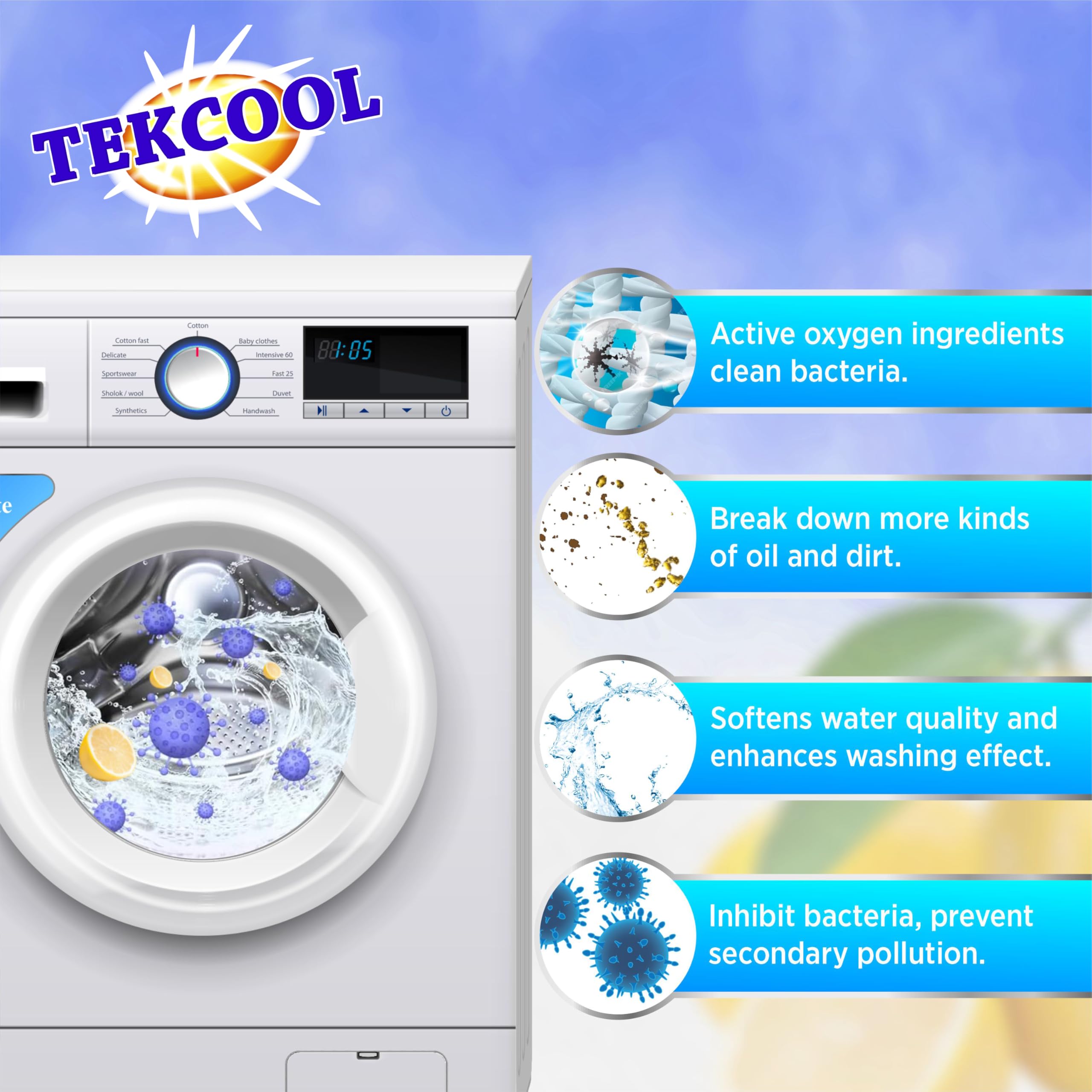 TEKCOOL Washing Machine Cleaner Tablets - 24 Pack Descaling Powder for Front & Top Load Washers, Deep Clean & Deodorize - Refresh Blue | Ideal for Laundry Maintenance & Odor Removal
