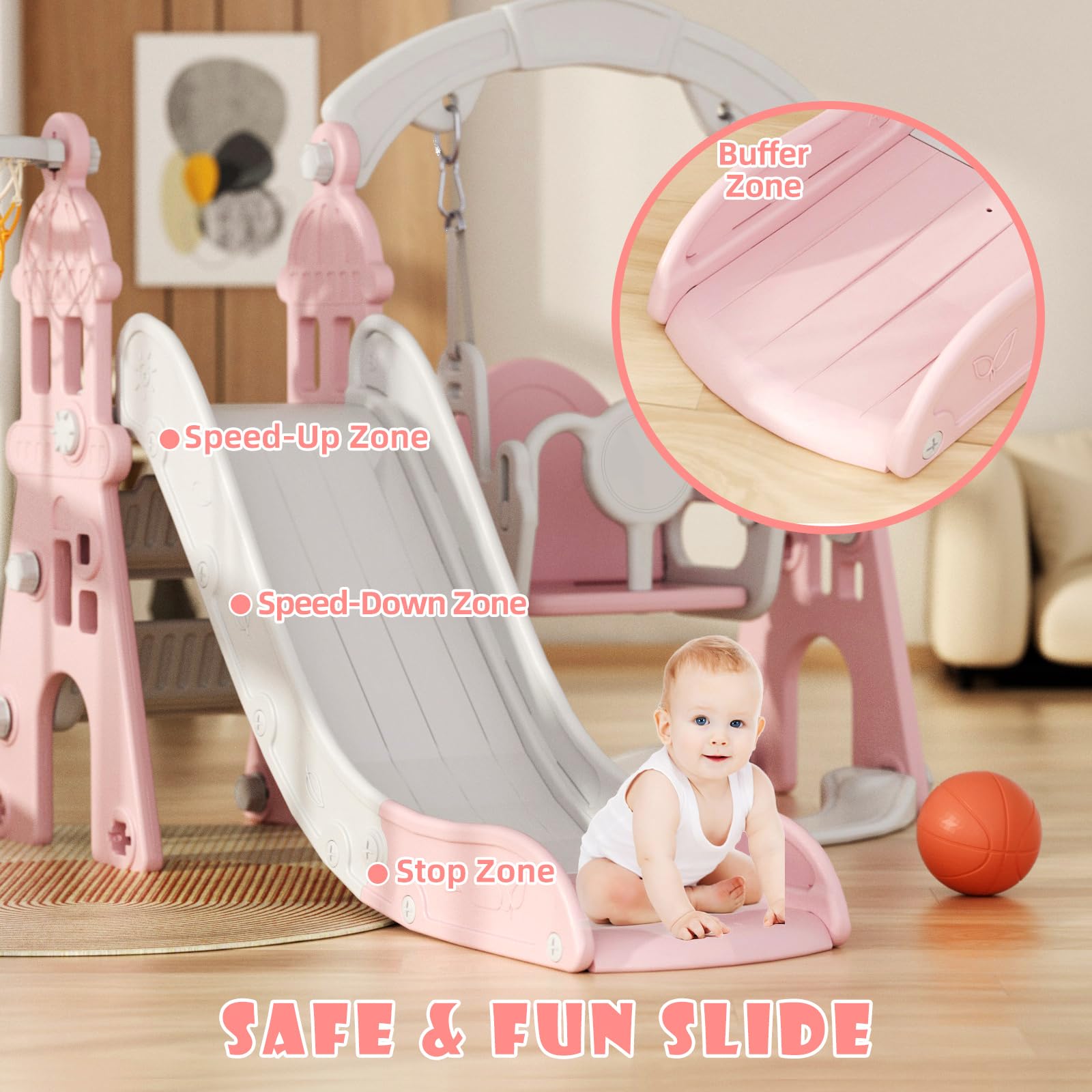 67i Toddler Swing and Slide Set for Kids Age 1-3 Years - Indoor & Outdoor Plastic Playset with Safety Belt, Basketball Hoop, HDPE Material (Pink) - Perfect for Backyard, Garden, Playroom and Preschool Activities