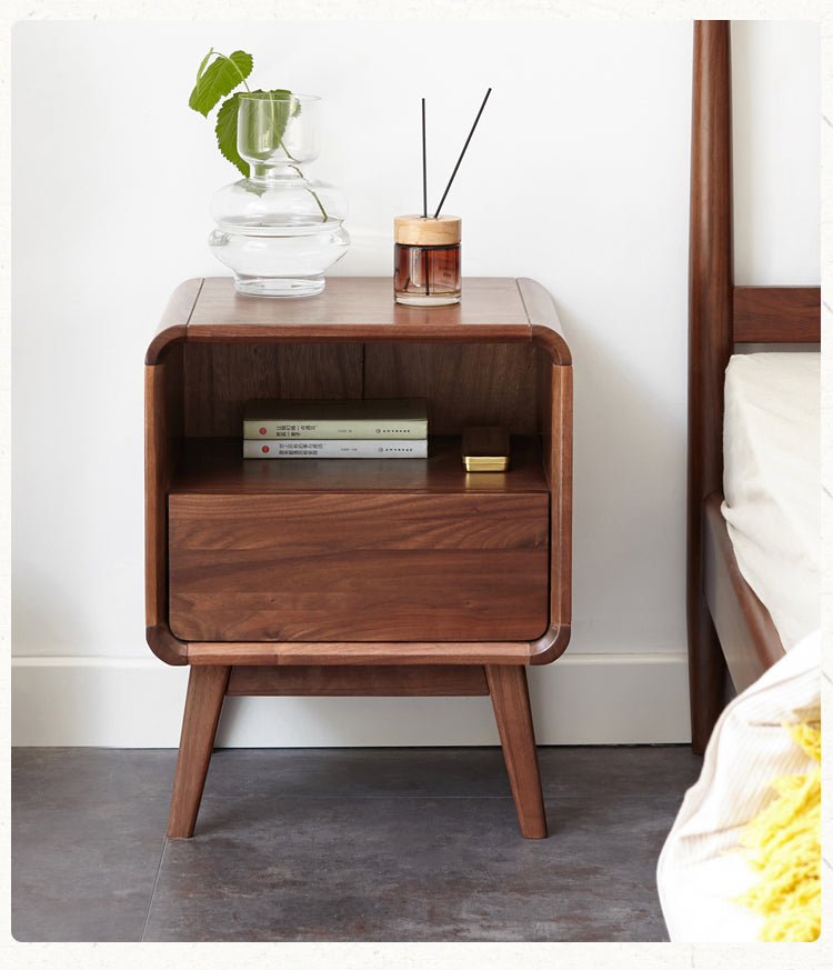 Premium Black Walnut & Ash Solid Wood Modern Nightstand - Stylish Bedside Table for Bedroom, Living Room, or Office