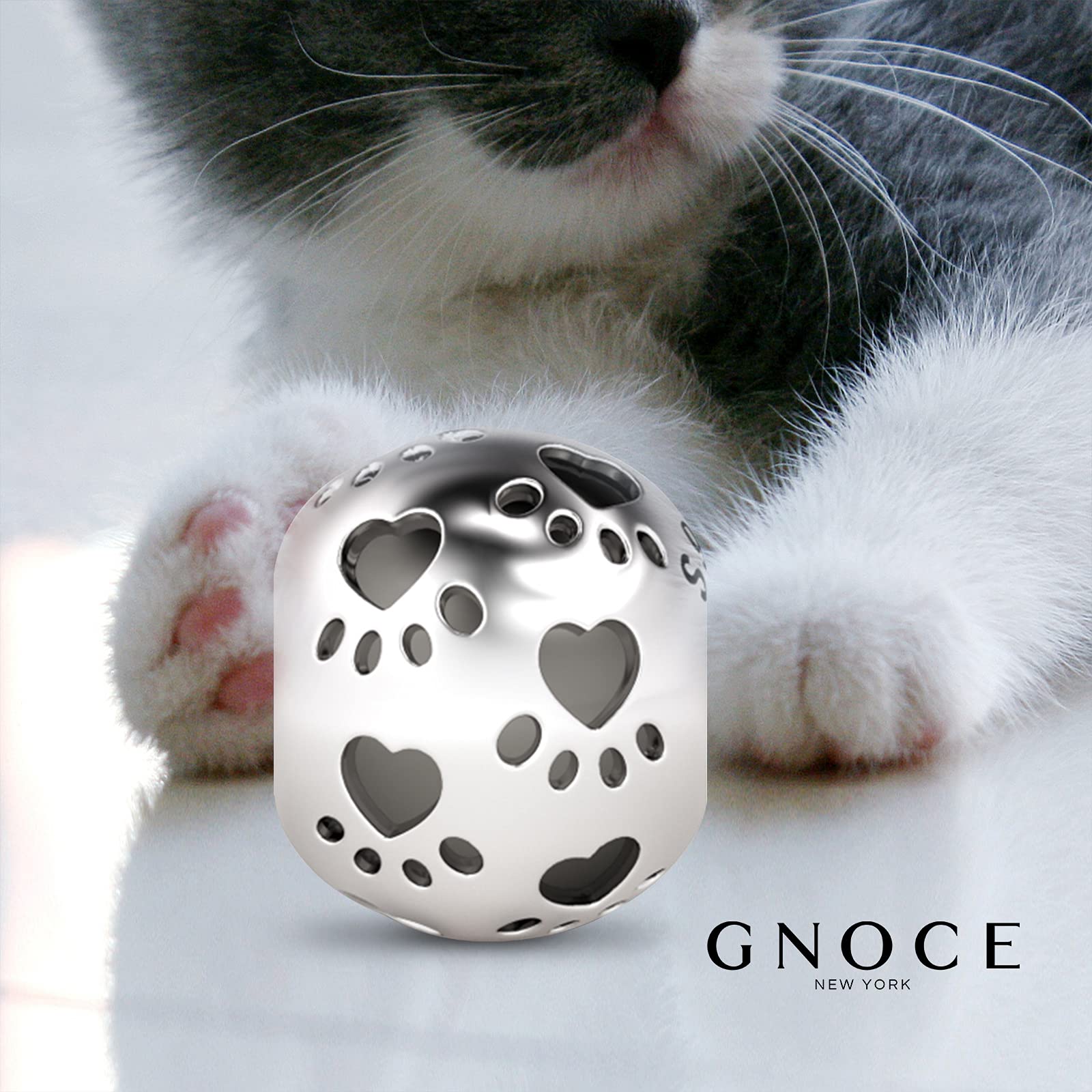 GNOCE Sterling Silver Pet Paw Print Charm Bead - Hollow Animal Paw Charm for Bracelets & Necklaces - Perfect Christmas Gift for Cat & Dog Lovers - Great for Pet Memorial Jewelry and Animal-Themed Accessories