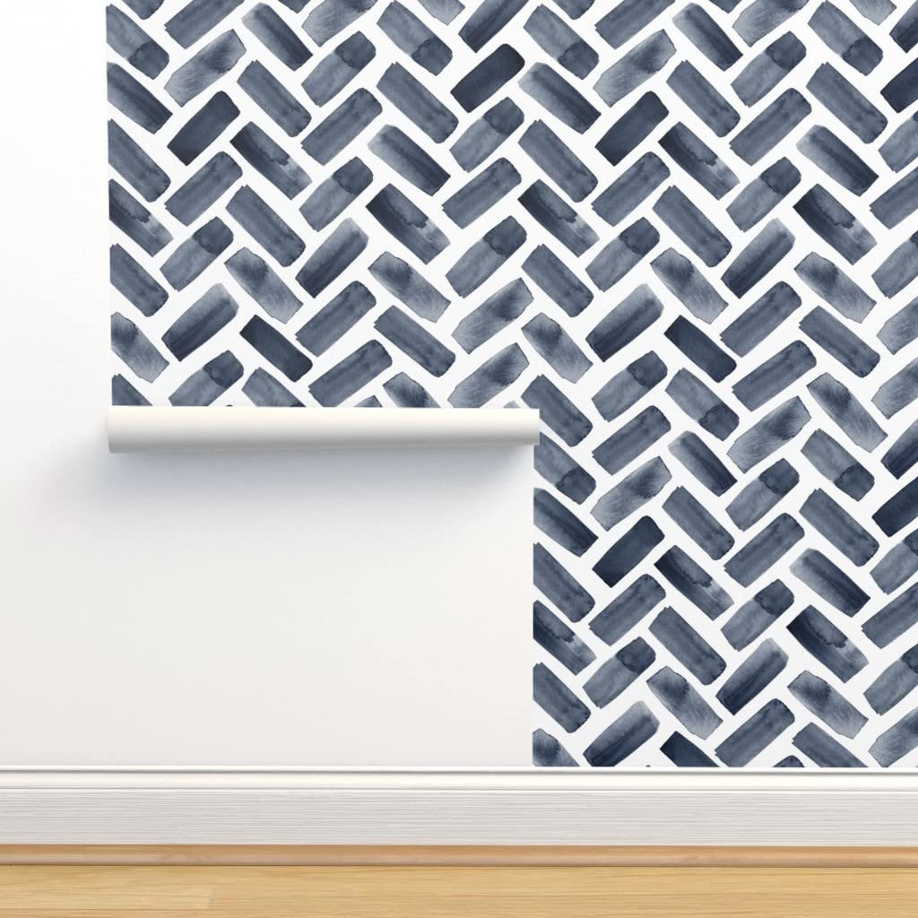 Peel & Stick Wallpaper 12ft x 2ft - Navy Blue Watercolor Herringbone Chevron Pattern | Removable Self-Adhesive Wallpaper for Nursery, Bedroom & Home Decor | Easy DIY Installation