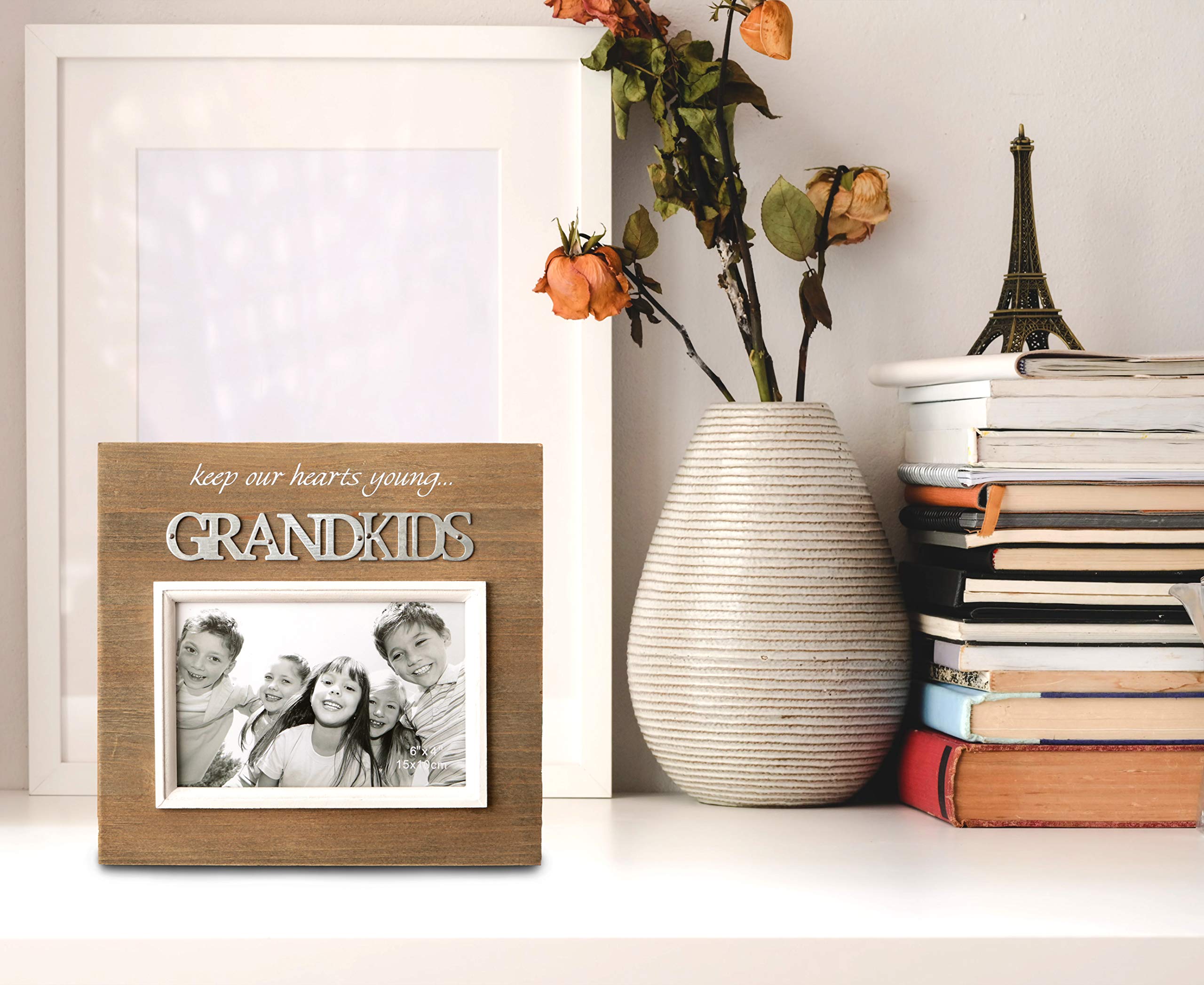 FASHIONCRAFT Grandkids Keep Our Hearts Young 4x6 Wooden Picture Frame - Perfect for Displaying Family Photos on Shelves, Desks, and Wall Decor