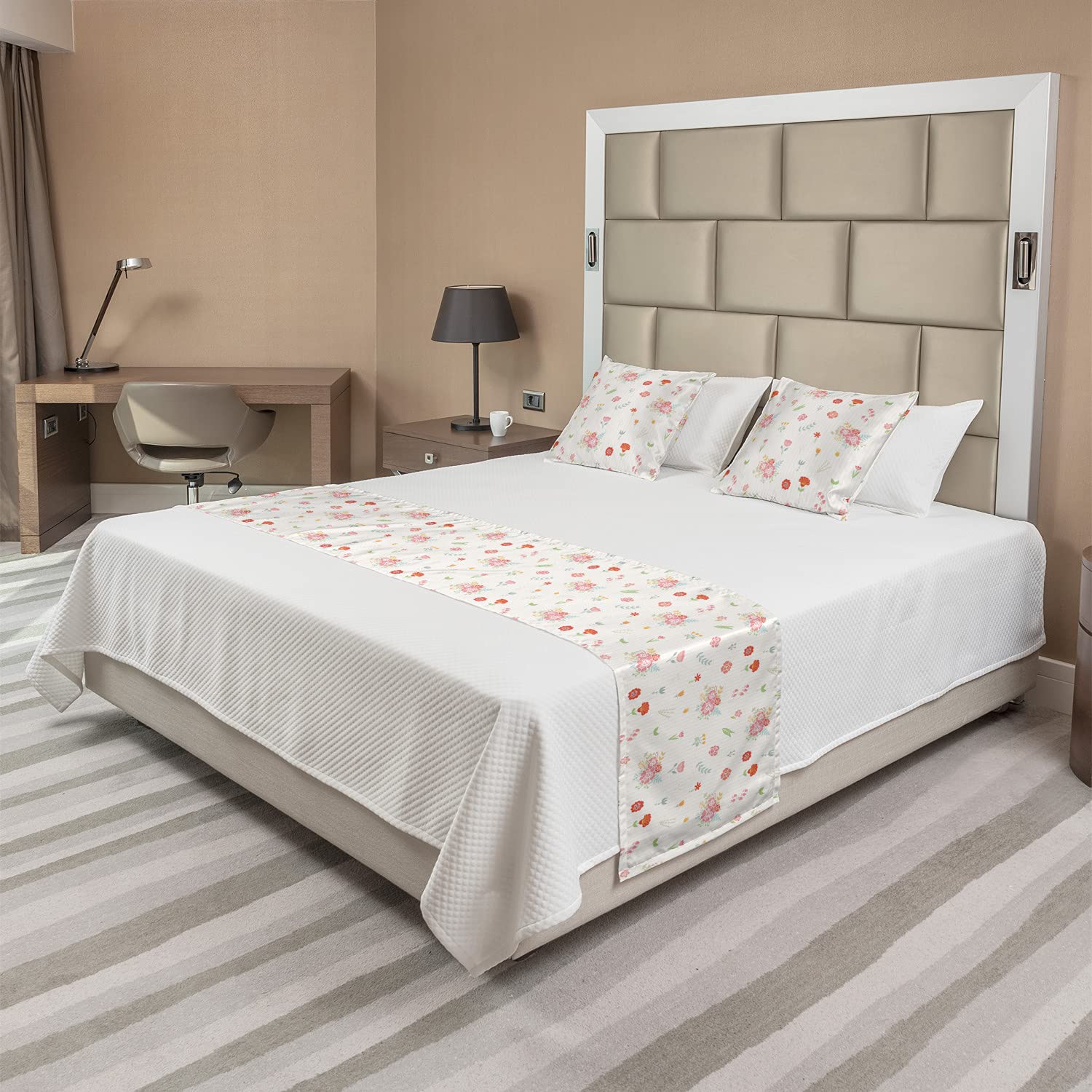 Ambesonne Floral Bed Runner Set with Budding Flowers - Simple Cartoon Style on Pastel Stripes - Decorative Bedding Scarf & 2 Pillow Shams for Queen Bed - Ivory Multicolor - Perfect for Hotels, Homes, and Bedroom Decor