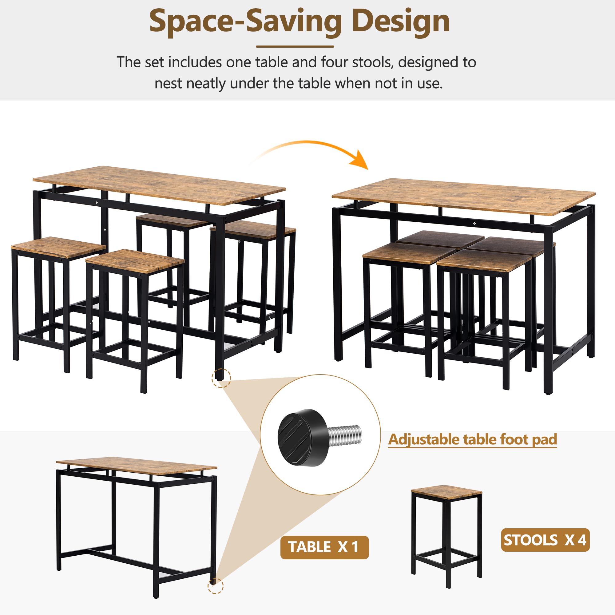 Modern 5-Piece Counter Height Pub Table Set with 4 Chairs, Brown - Perfect for Bars, Breakfast Nooks, Kitchens, and Small Dining Spaces