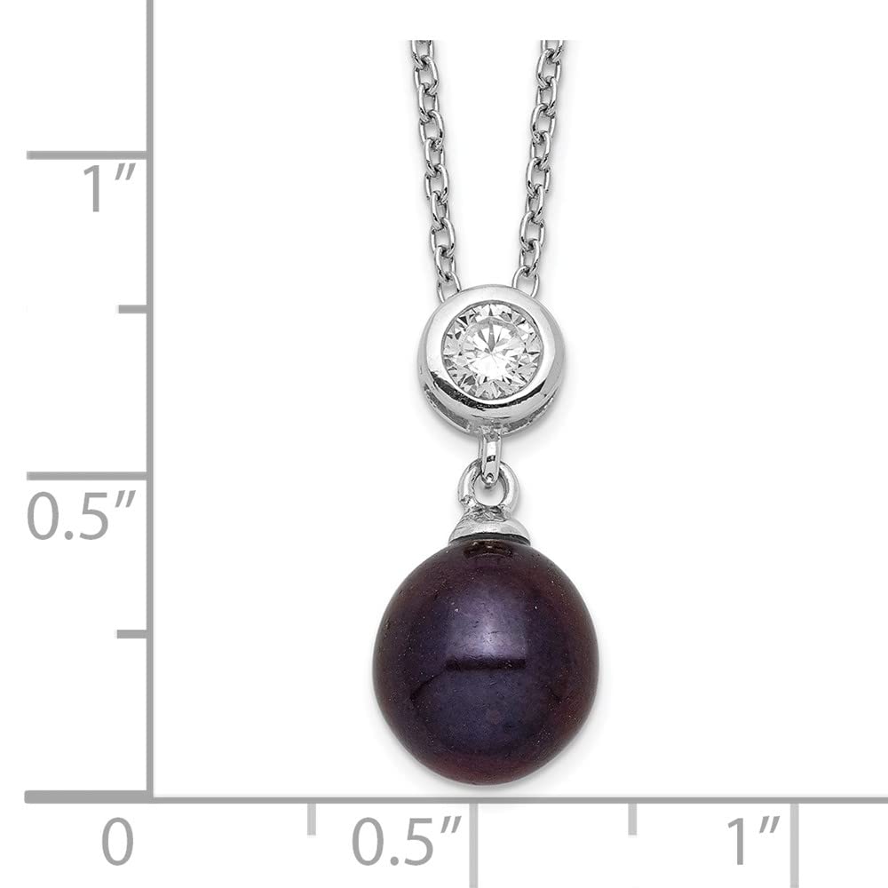 925 Sterling Silver Black Rice Freshwater Pearl & Cubic Zirconia Necklace for Women - Elegant 8-9mm Pearls, 17