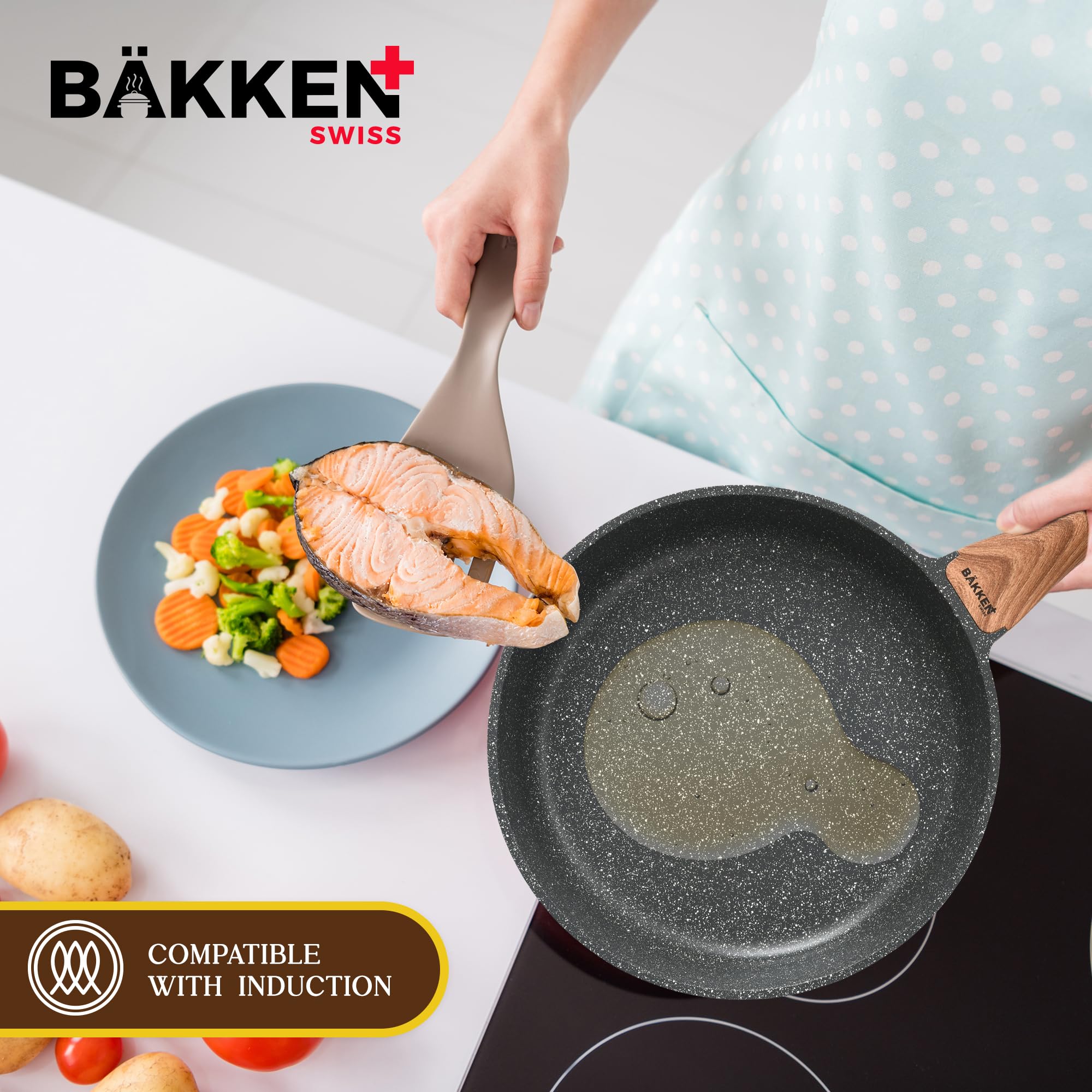 Bakken-Swiss 14-Piece Nonstick Cookware Set - Granite Coating, Eco-Friendly Kitchen Pots & Pans for Gas, Electric & Induction Stoves, Oven Safe to 450°F - Perfect for Frying, Boiling & Baking at Home