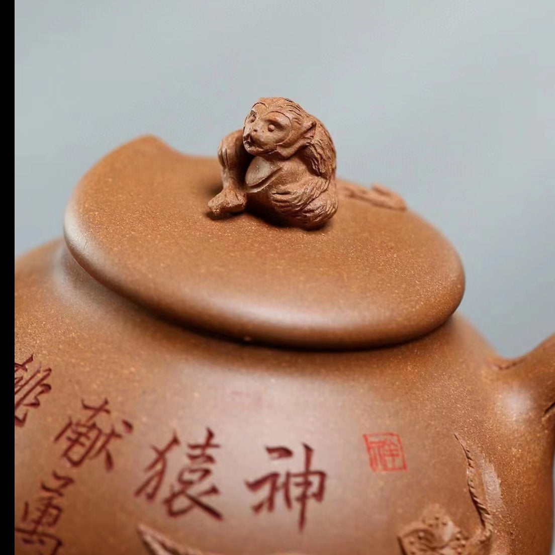 Handmade Zisha Teapot 'Long Life Monkey' by Artist MU Ming Long (Level 2 2019) - Rare Crab Yellow Clay 'Lucky Monkey Offering Blessings' - Perfect for Chinese Tea Ceremony, Collecting & Home Decoration