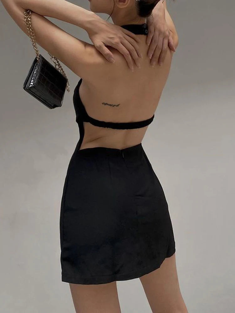 Elegant Backless Halter Neck Black Mini Dress - Summer Sleeveless Solid Tank Sundress for Women | Perfect for Beach Parties, Date Nights & Casual Outings