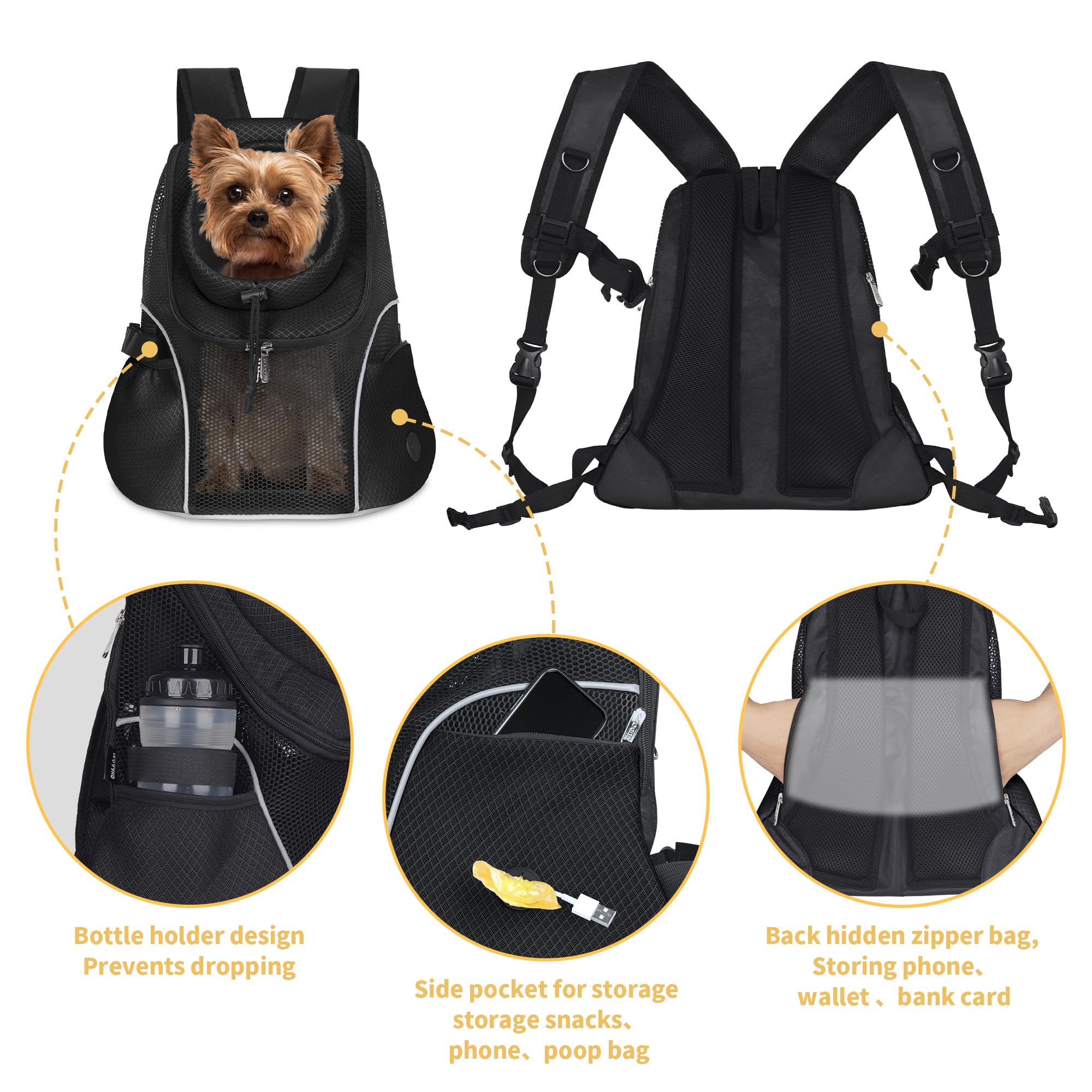 WOYYHO Ventilated Mesh Pet Dog Carrier Backpack - Front Facing Small Dog Travel Backpack with Safety Belt for Hiking, Cycling & Outdoor Adventures (Size M: 5-9 lbs, Black) - Perfect for Air Travel, Vet Visits & Daily Commutes