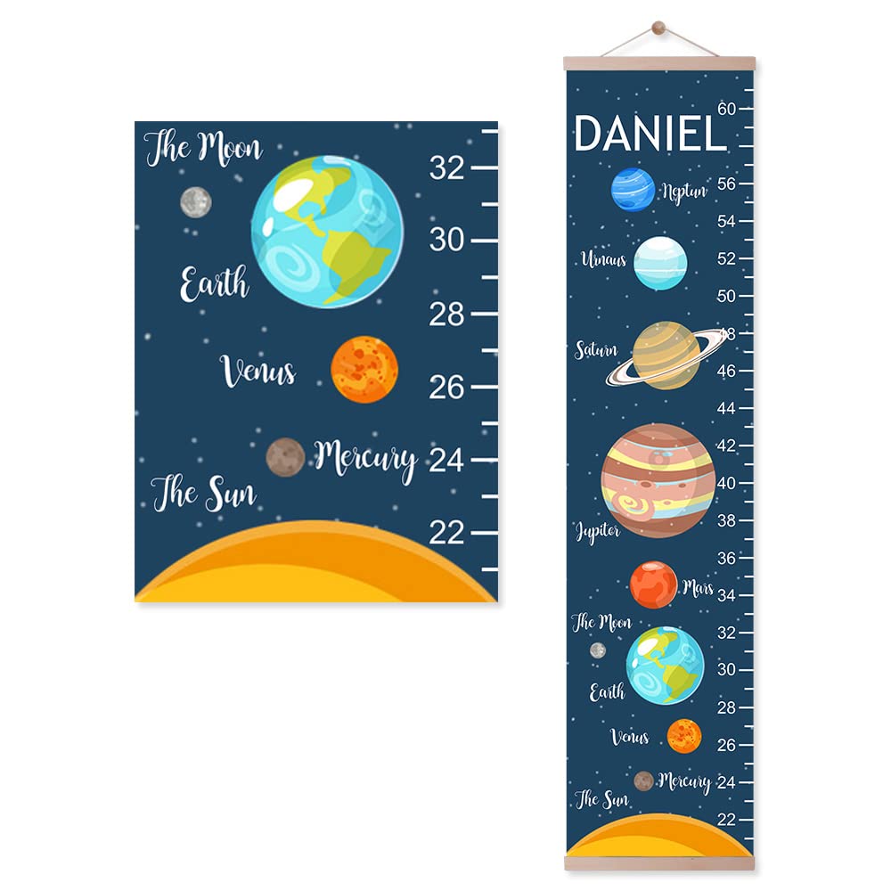 Personalized Kids Growth Chart Ruler - Custom Name Flower Dinosaur Theme Canvas Wall Height Measurement Tool for Nursery & Kids Room Decor - Solar Woodland Design for Baby Boy & Girl (Perfect for Birthday Gifts & Milestone Tracking)