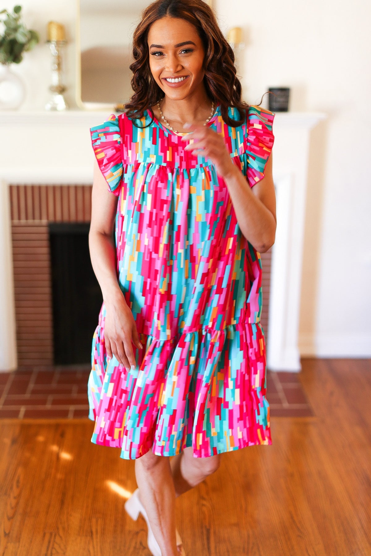 Stylish Multicolor Abstract Print Tiered Ruffle Sleeve Dress for Women | Trendy Party & Cocktail Outfit | Perfect for Date Night, Wedding Guest & Special Occasions