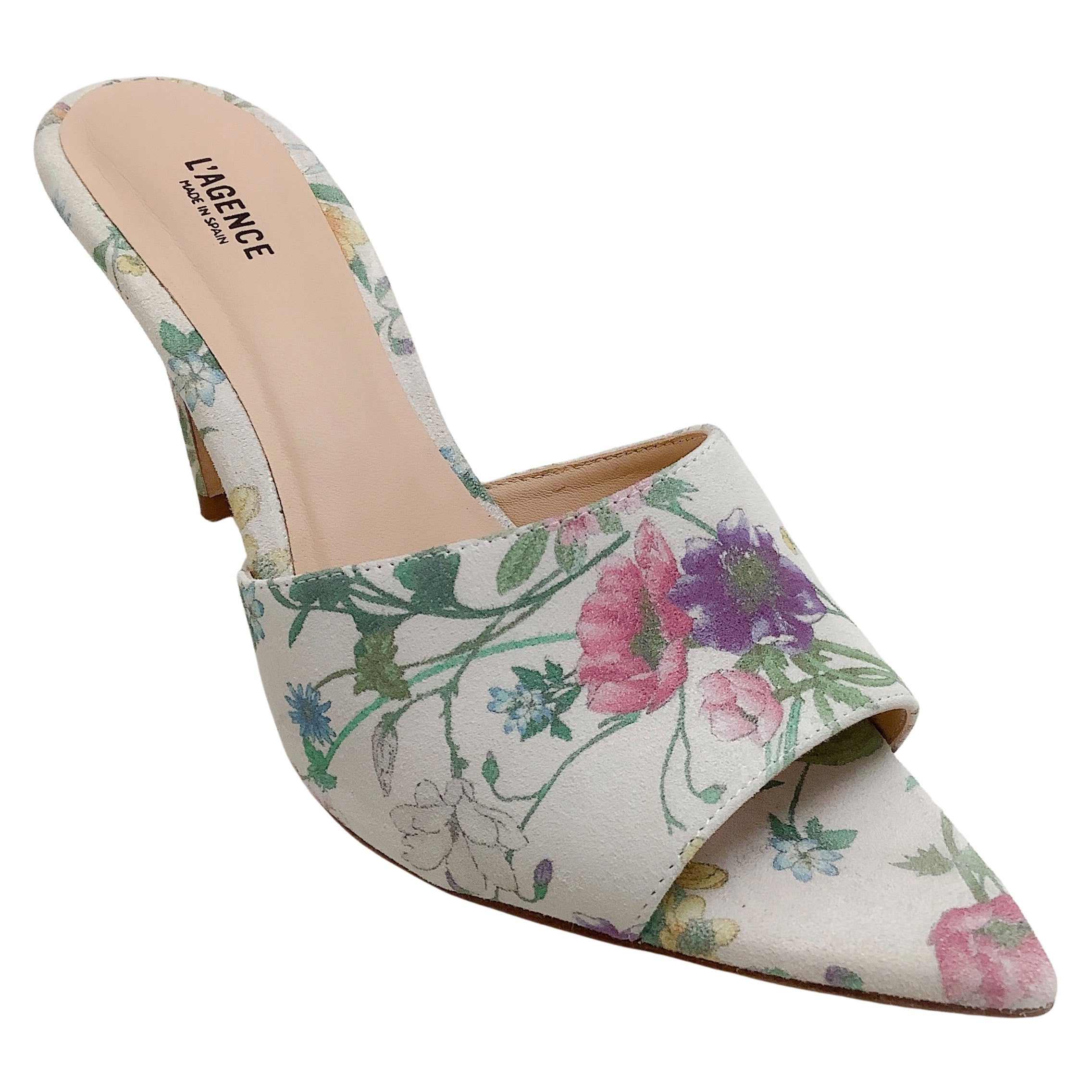 L'Agence Multi Floral Lolita Pointed Toe Slide Sandals for Women - Elegant Summer Dressy Slides with Floral Design - Perfect for Beach, Vacation & Boho Outfits