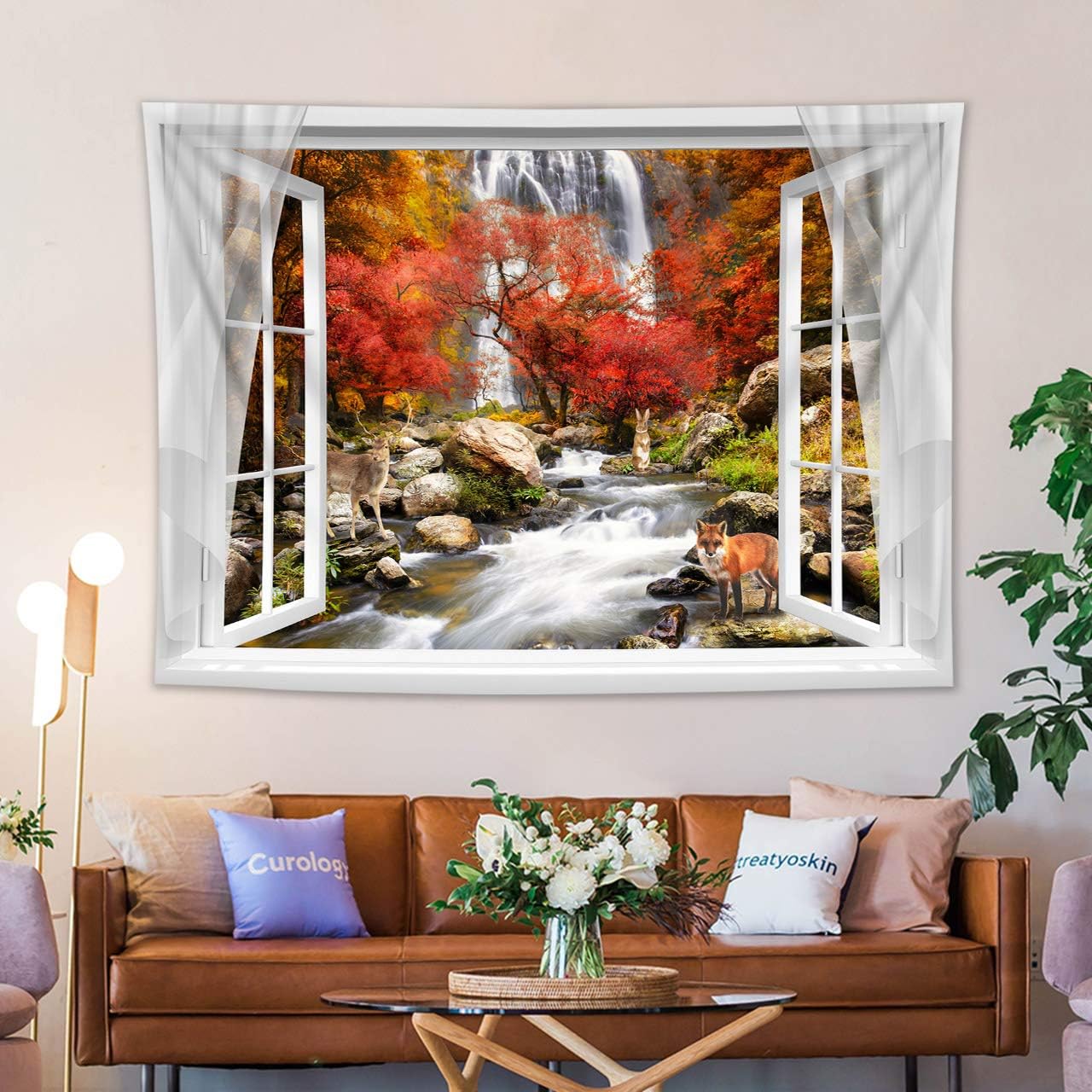 HVEST Autumn Forest Tapestry Wall Hanging - Fox Deer Maple Tree Waterfall Scenery, 60x40 Inches, Perfect for Bedroom, Living Room, Party, Dorm, and Outdoor Decor