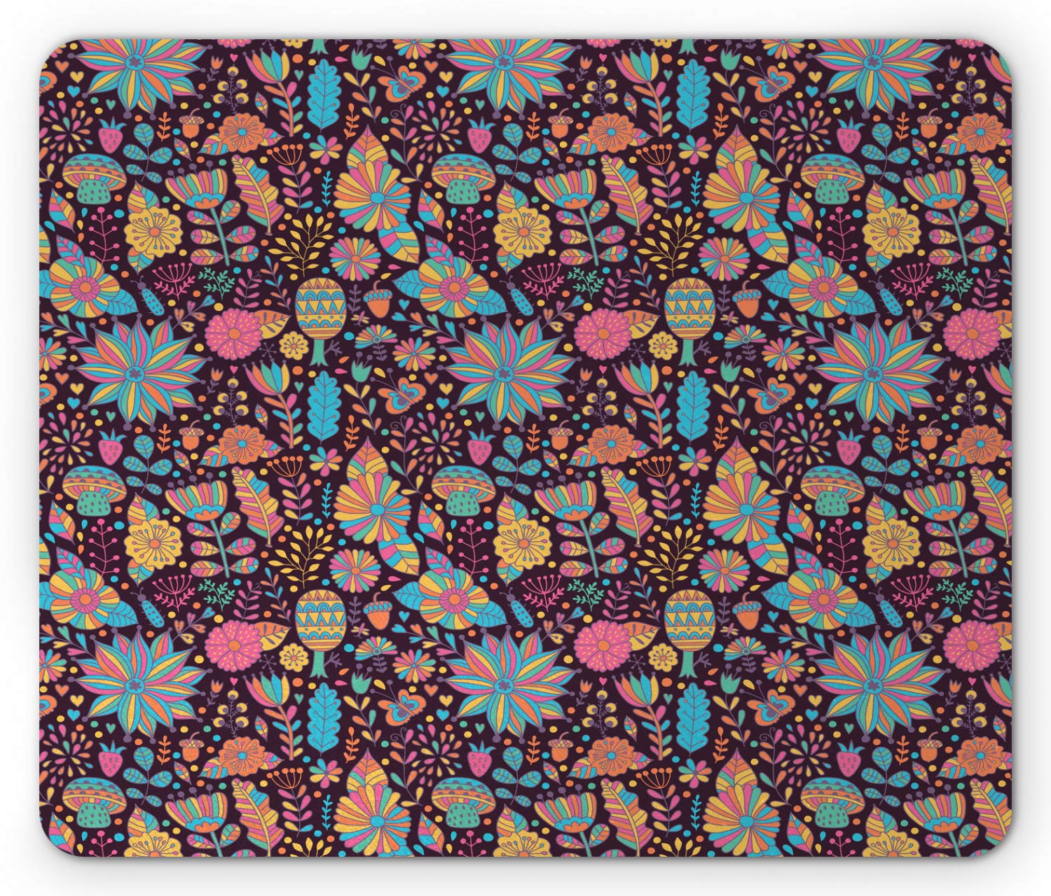 Ambesonne Floral Mouse Pad - Colorful Doodle Flower Design with Dark Background & Scattered Dots, Non-Slip Rubber Base, Standard Size Rectangle Computer Mousepad for Office, Gaming & Home Workspace