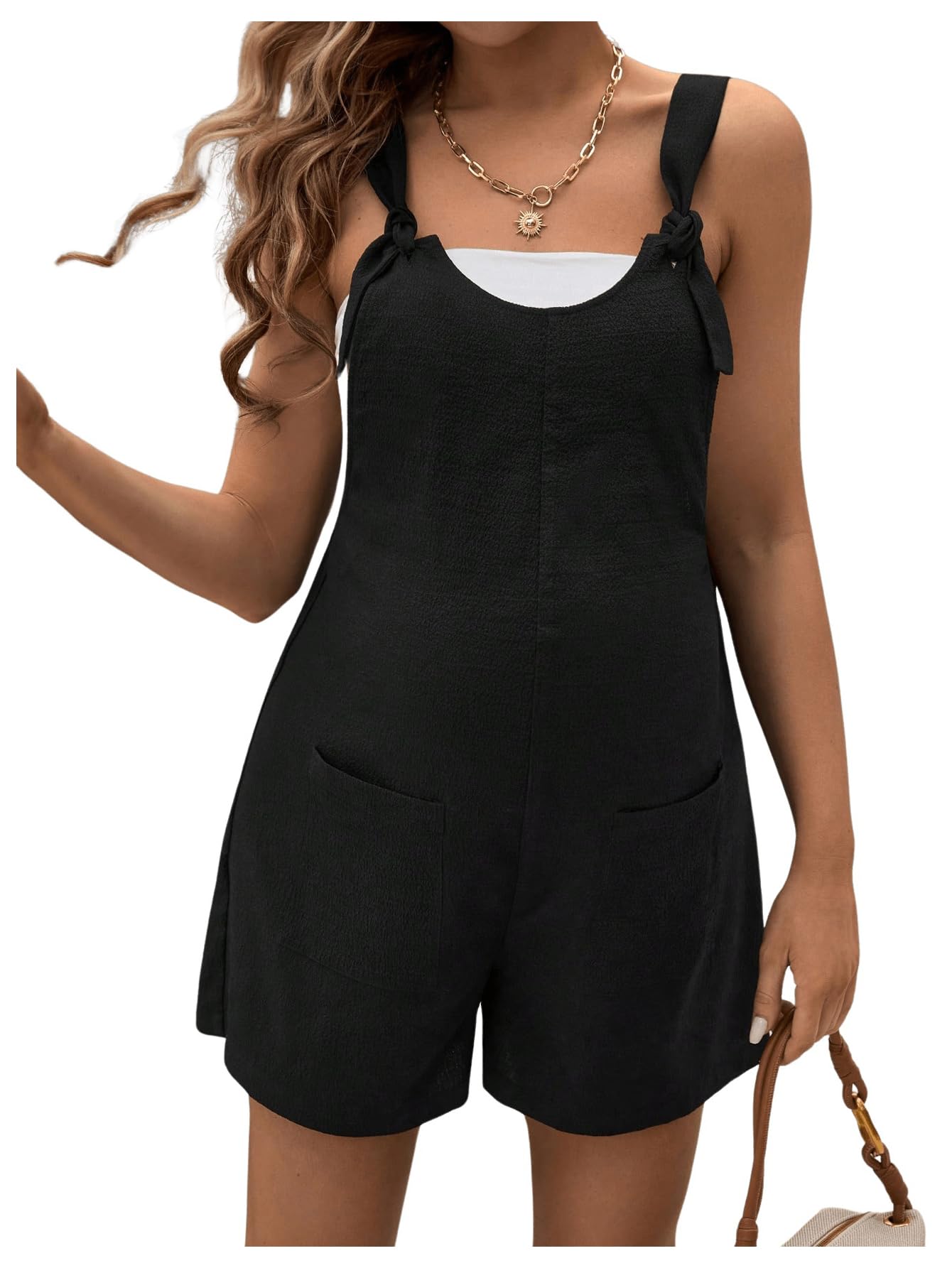 OYOANGLE Women's Maternity Tie Knot Wide Strap Suspender Overalls - Sleeveless Romper Jumpsuit with Pockets | Comfortable Pregnancy Shorts for Summer, Beach & Casual Wear