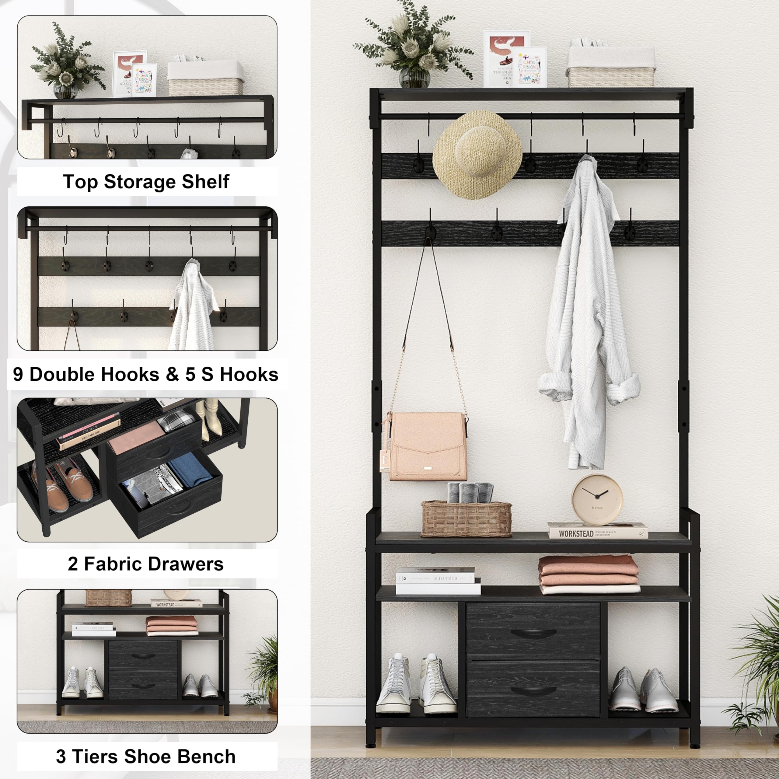 Freestanding Entryway Hall Tree with Shoe Storage Bench, Coat Rack, 2 Fabric Drawers & 3 Shelves - 14 Hooks for Jackets & Accessories - Perfect for Hallway, Living Room, Bedroom & Entry Organization - Black