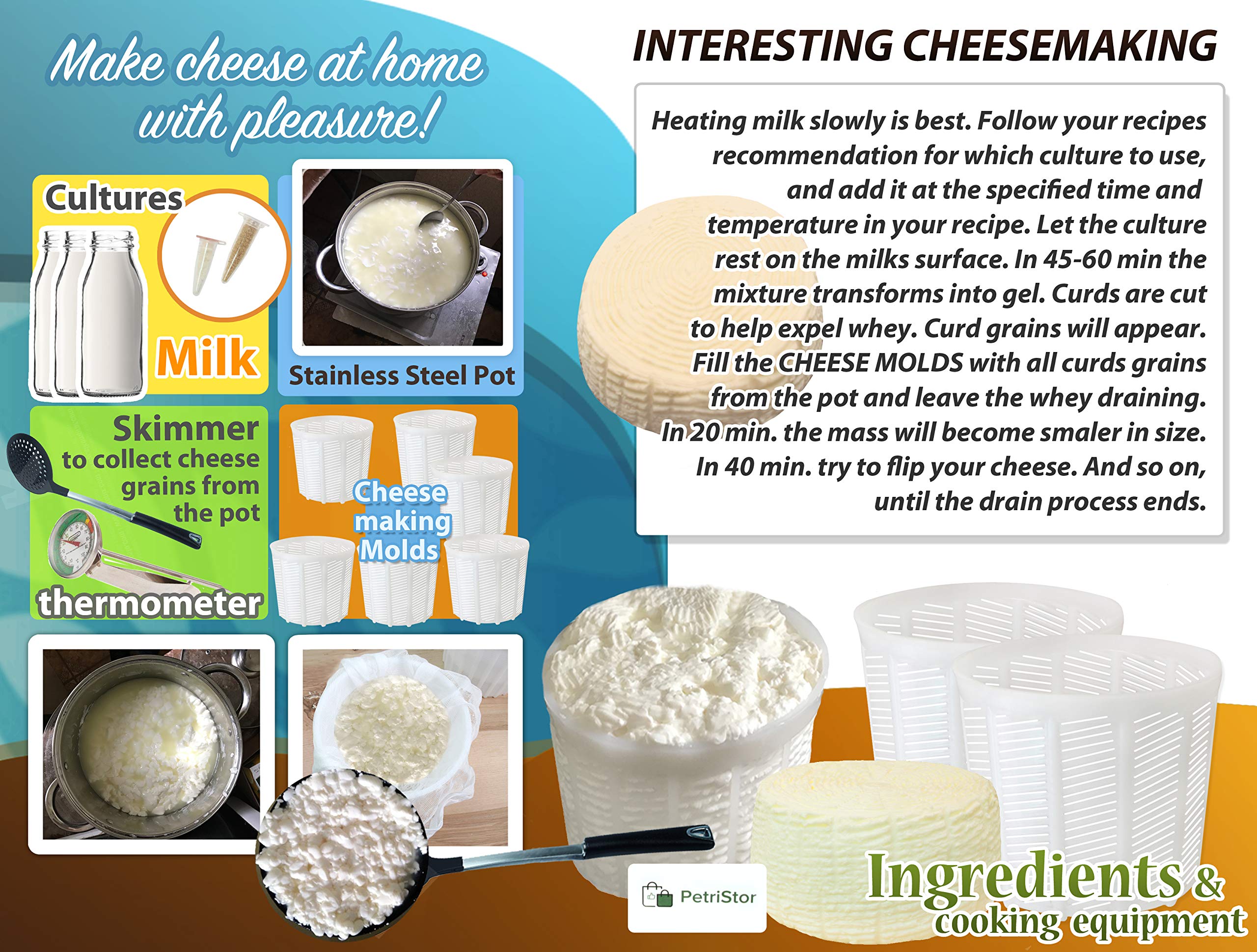 PetriStor 6-Piece Soft Cheese Mold Set for Homemade Cheese Making - 1.85QT Cream Cheese & Feta Mold - Stainless Steel Cheese Form Basket - DIY Cheese Making Supplies for Fresh Cheese, Mozzarella & Ricotta - Perfect for Home Cheesemaking, Gifts & Culinary Classes