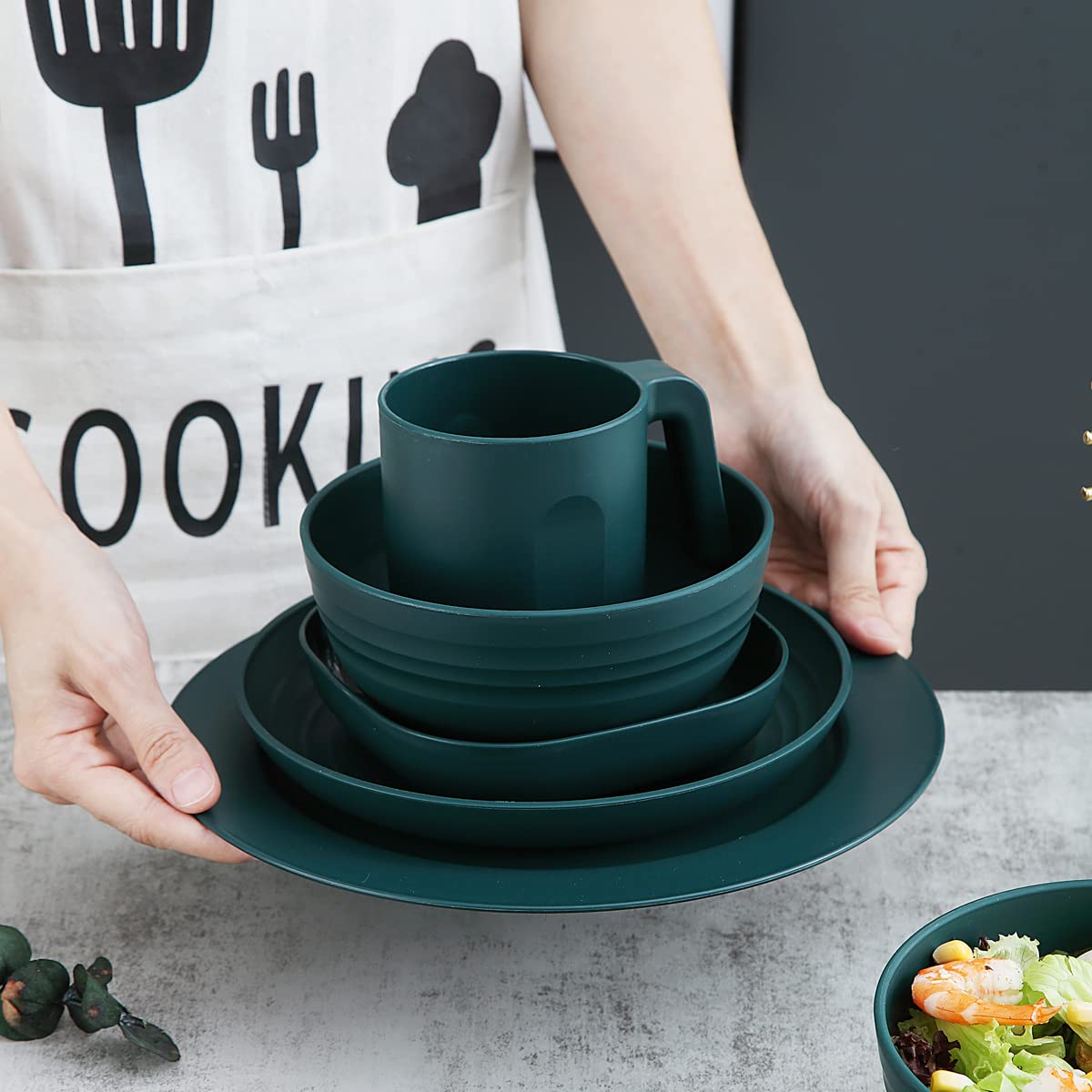 Kyraton 20-Piece Unbreakable Polypropylene Dinnerware Set - Durable Dark Green Plates, Bowls & Cups - Microwave & Dishwasher Safe - Perfect for Outdoor Dining, Camping & Everyday Use
