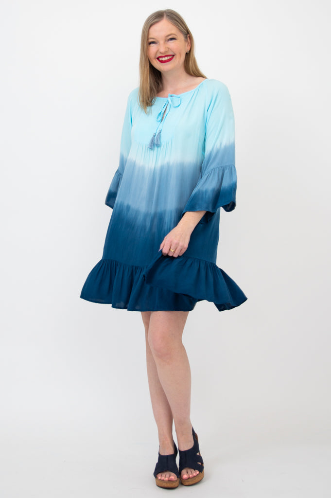 Ellie Dress - Turquoise Dip Dye Maxi Dress for Women | Boho Chic Beach Cover Up, Summer Vacation Outfit, Wedding Guest Dress