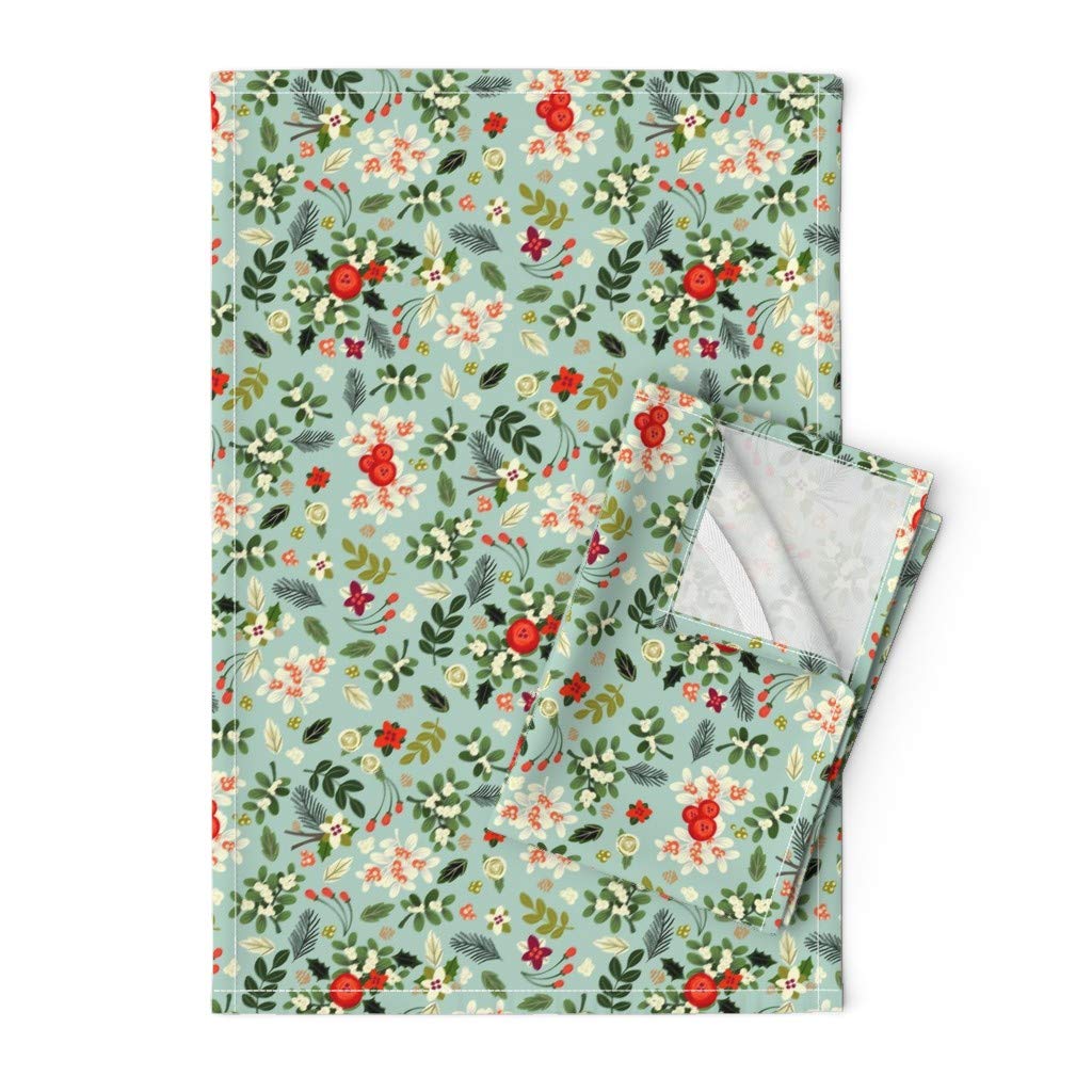 Vintage Ditsy Christmas Holiday Floral Print Linen Cotton Canvas Tea Towel - Decorative Kitchen Towel for Holiday Decor, Dish Drying & Gift Giving