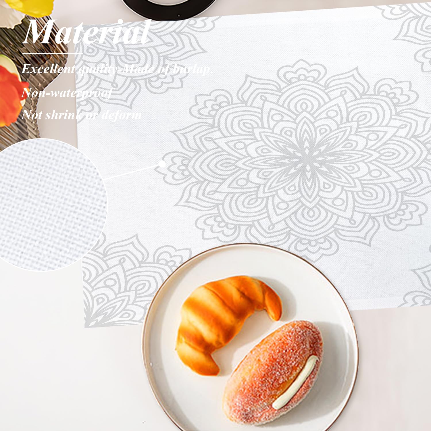 Shrahala Geometric Circles Placemats - Set of 4 Washable Linen Burlap Table Mats with Heat Insulation (12x18 Inch) | Round Mandala Doodle Design for Dining Table & Kitchen Decor | Perfect for Dinner Parties, Family Gatherings & Home Styling