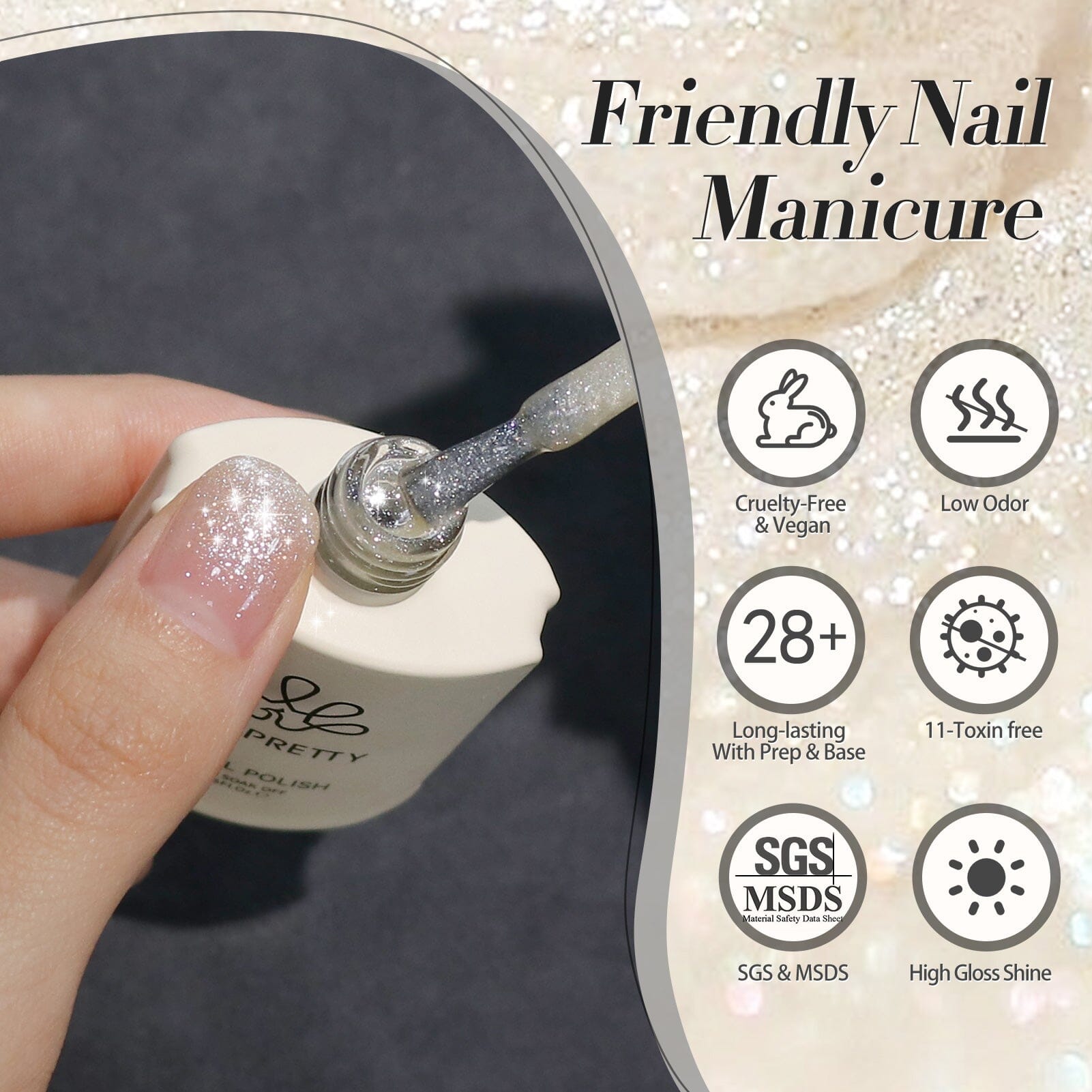 White Shimmer Glitter Gel Polish 15ml - Long Lasting Nail Polish for Manicures & Pedicures - Perfect for Parties, Weddings & Special Occasions